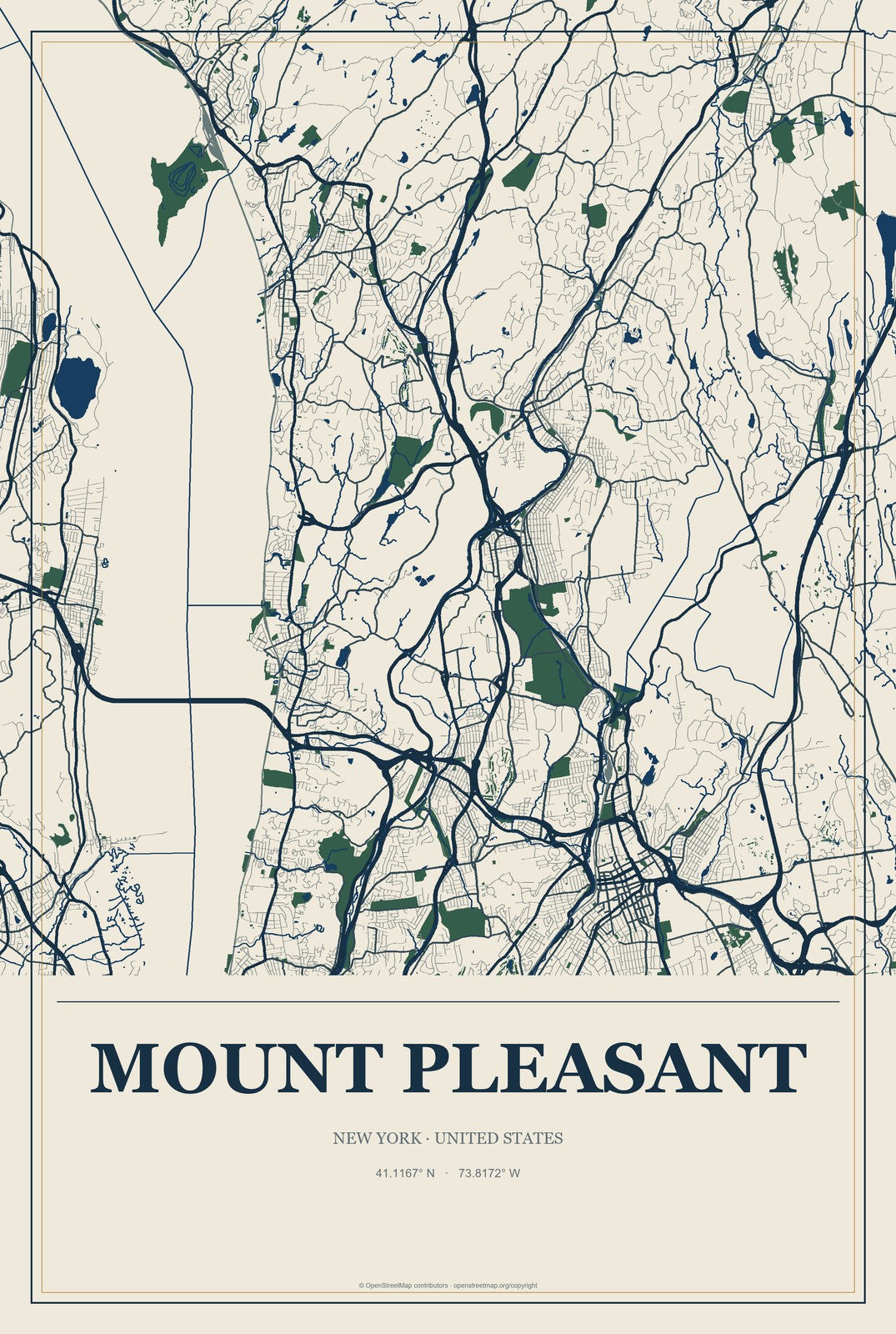 Mount Pleasant, New York City Map Aluminum Sign in Coastal Cutout style