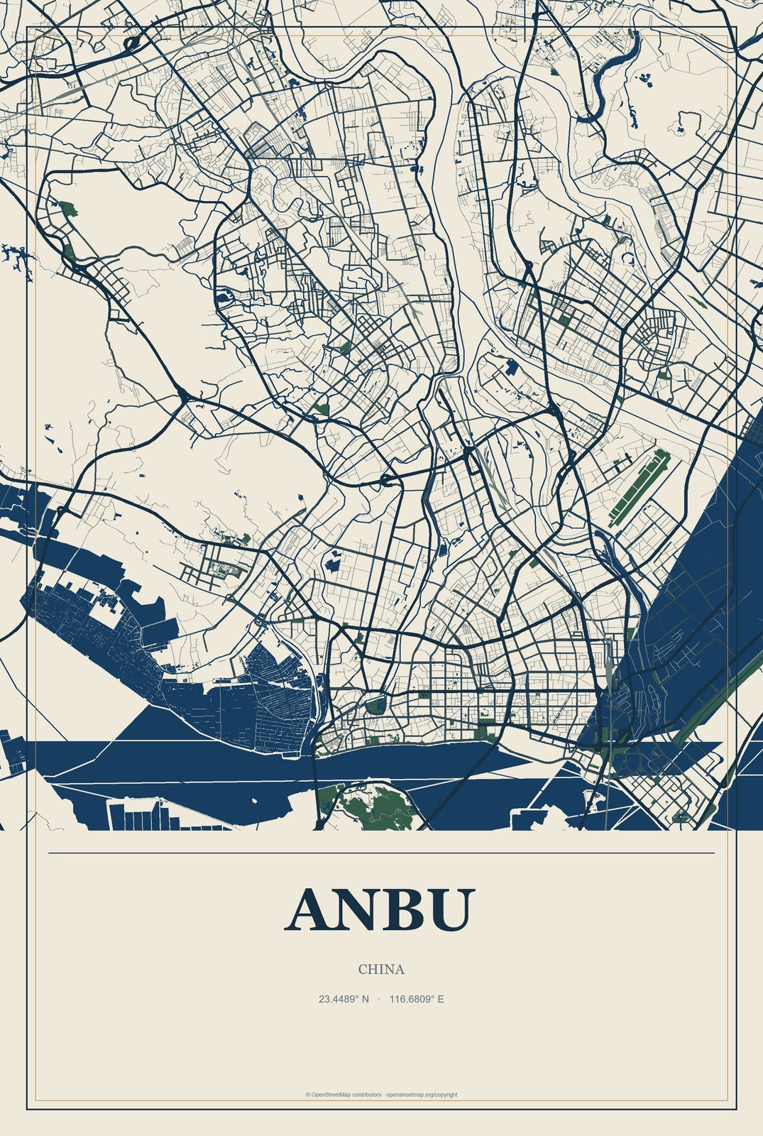 Anbu, China City Map Aluminum Sign in Coastal Cutout style