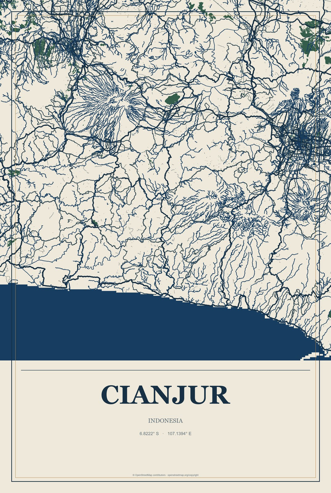 Cianjur, Indonesia City Map Aluminum Sign in Coastal Cutout style