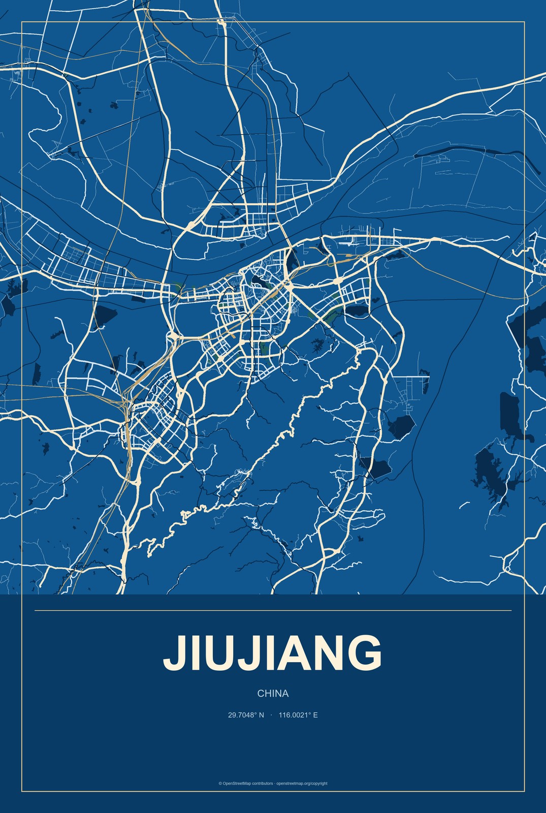 Jiujiang, China City Map Aluminum Sign in Harbor Cobalt style