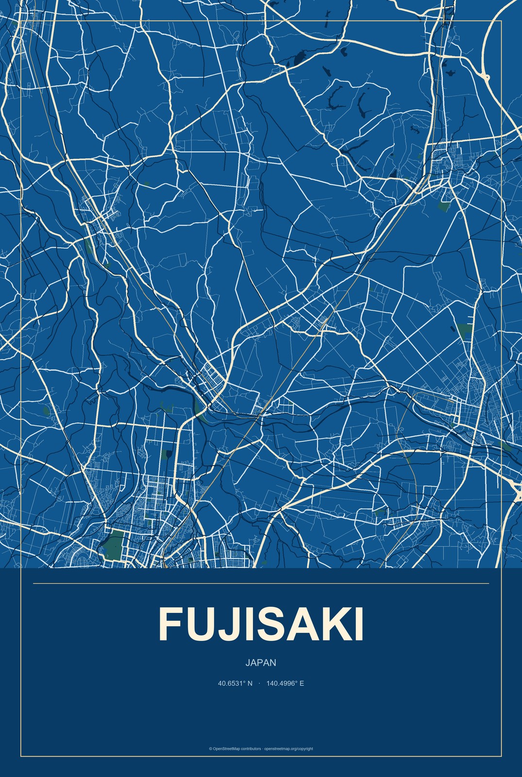 Fujisaki, Japan City Map Aluminum Sign in Harbor Cobalt style