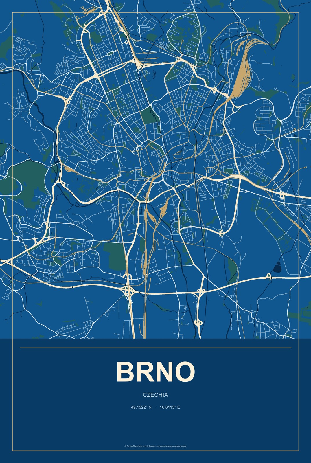 Brno, Czechia City Map Aluminum Sign in Harbor Cobalt style