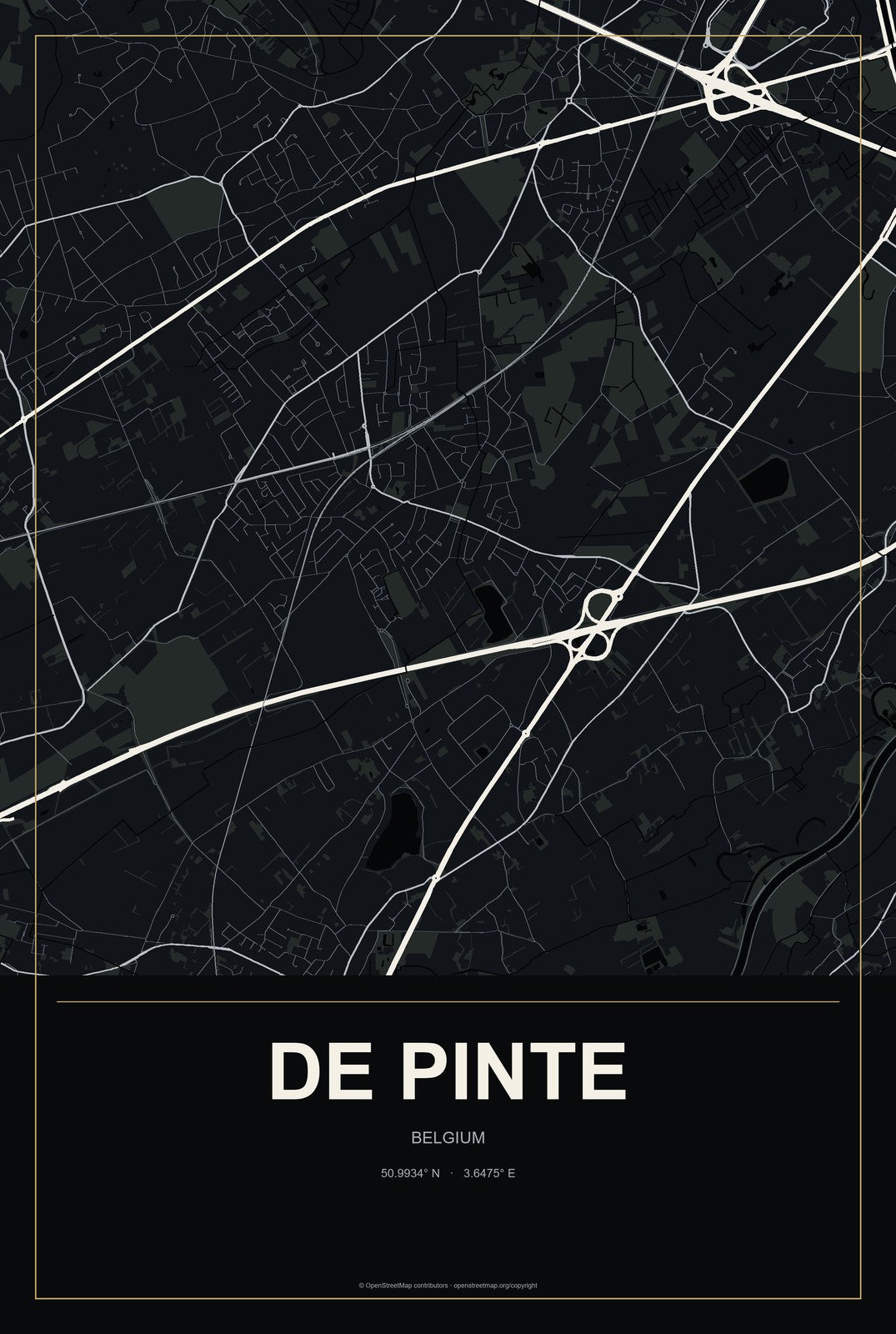 De Pinte, Belgium City Map Aluminum Sign in Metropolitan Noir style