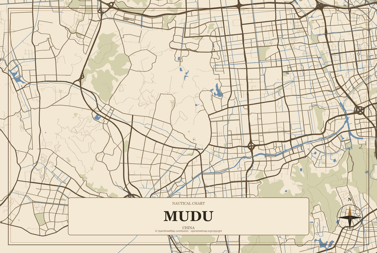 Mudu, China City Map Aluminum Sign in Heritage Nautical style