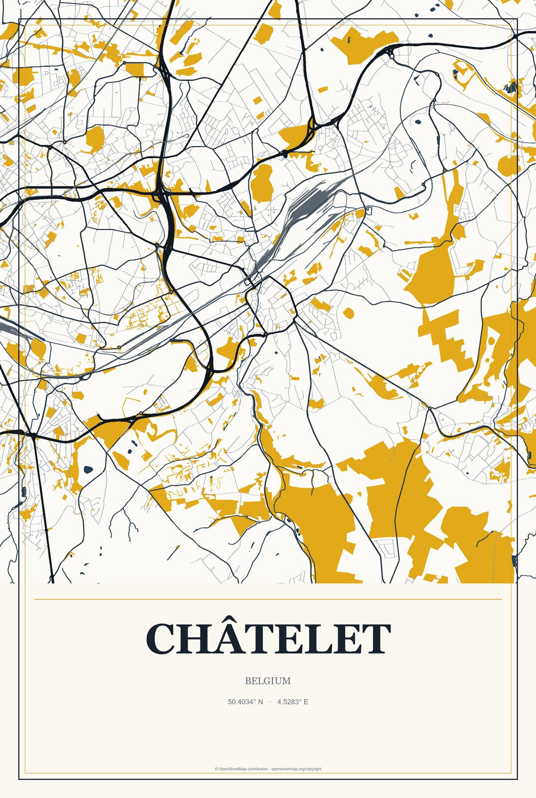 Châtelet, Belgium City Map Aluminum Sign in Citrine Modern style