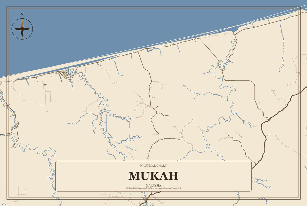 Mukah, Malaysia City Map Aluminum Sign in Heritage Nautical style
