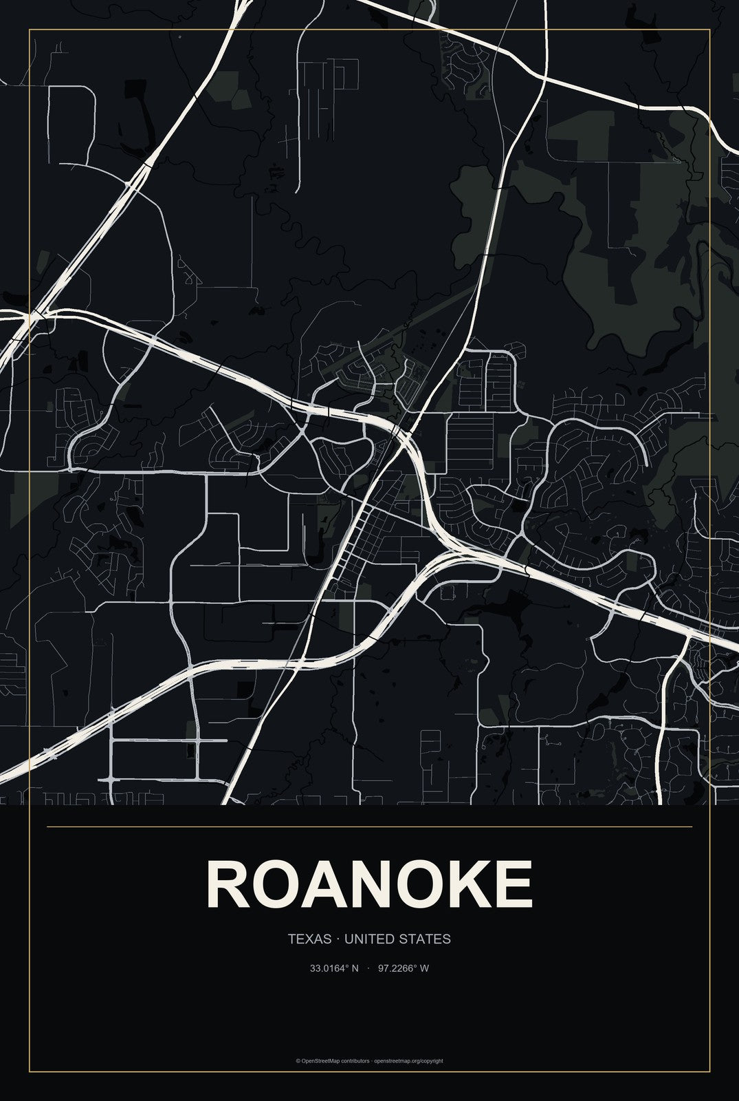 Roanoke, Texas City Map Aluminum Sign in Metropolitan Noir style