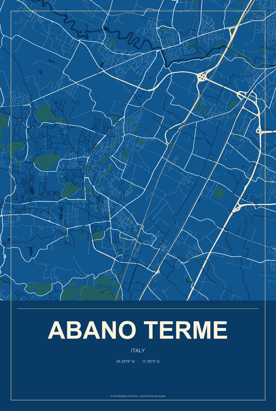 Abano Terme, Italy City Map Aluminum Sign in Harbor Cobalt style