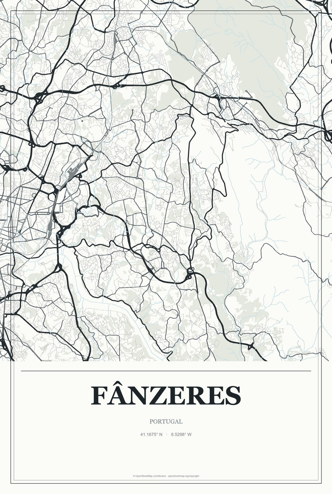 Fânzeres, Portugal City Map Aluminum Sign in Gallery Air style
