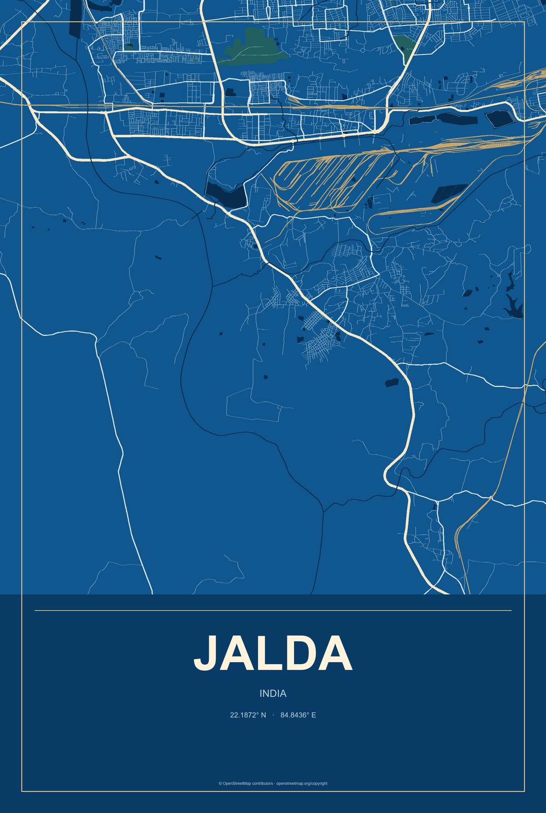 Jalda, India City Map Aluminum Sign in Harbor Cobalt style