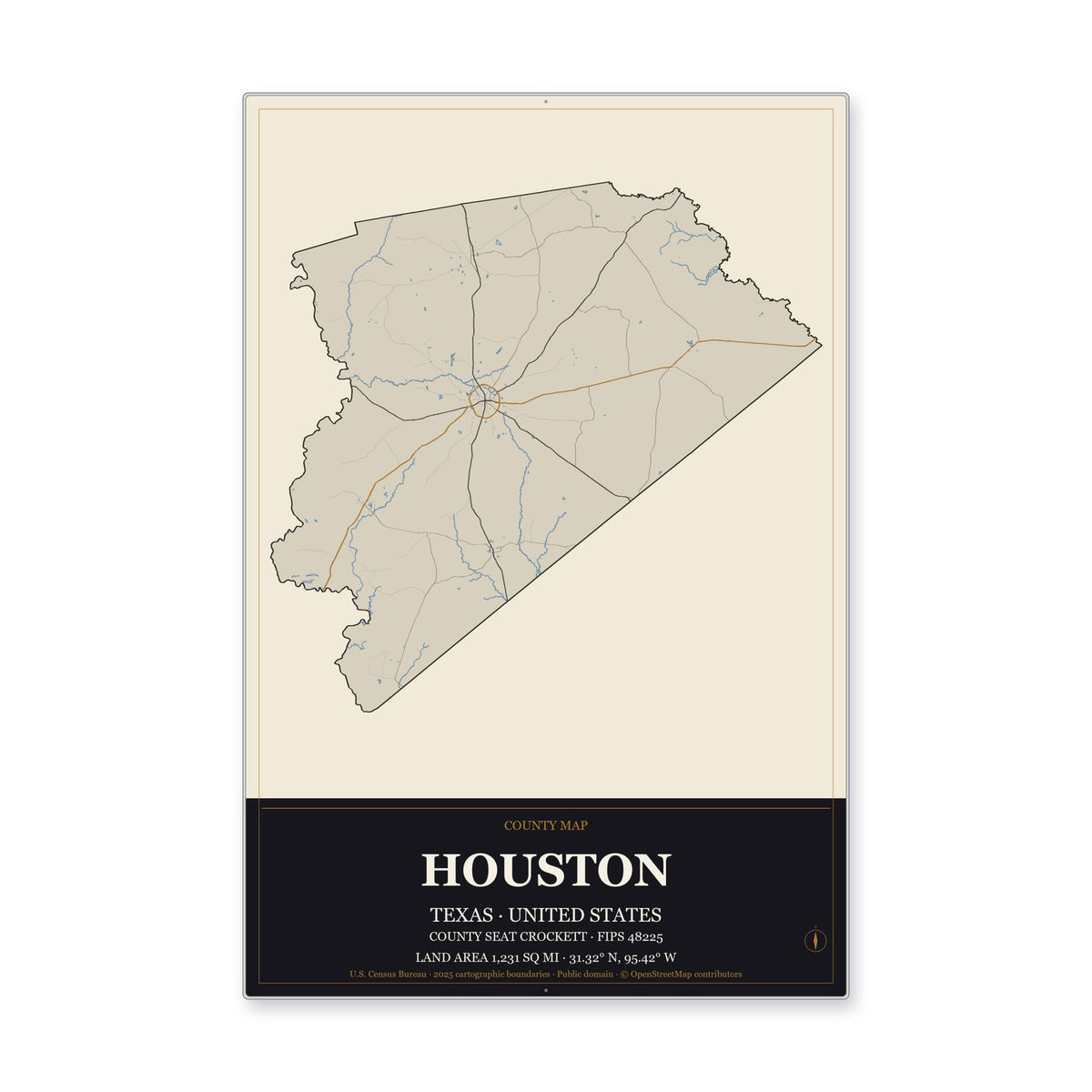 Houston County, Texas Map Aluminum Sign in Museum Plaque style
