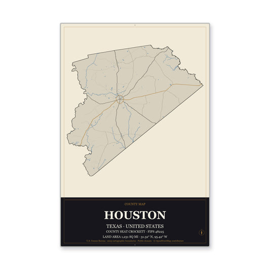 Houston County, Texas Map Aluminum Sign in Museum Plaque style