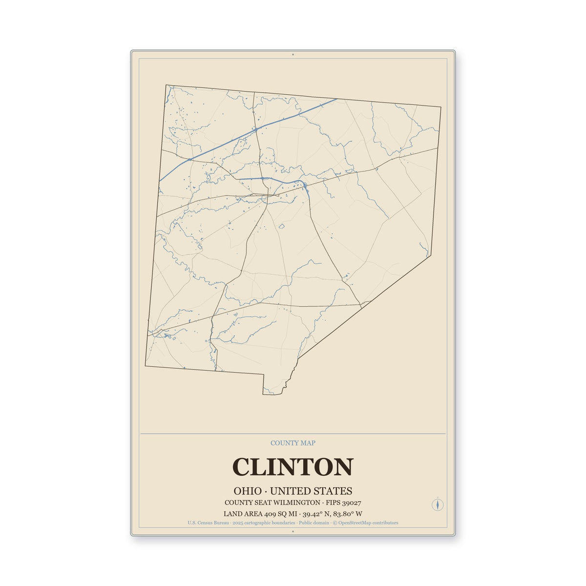 Clinton County, Ohio Map Aluminum Sign in Heritage Nautical style