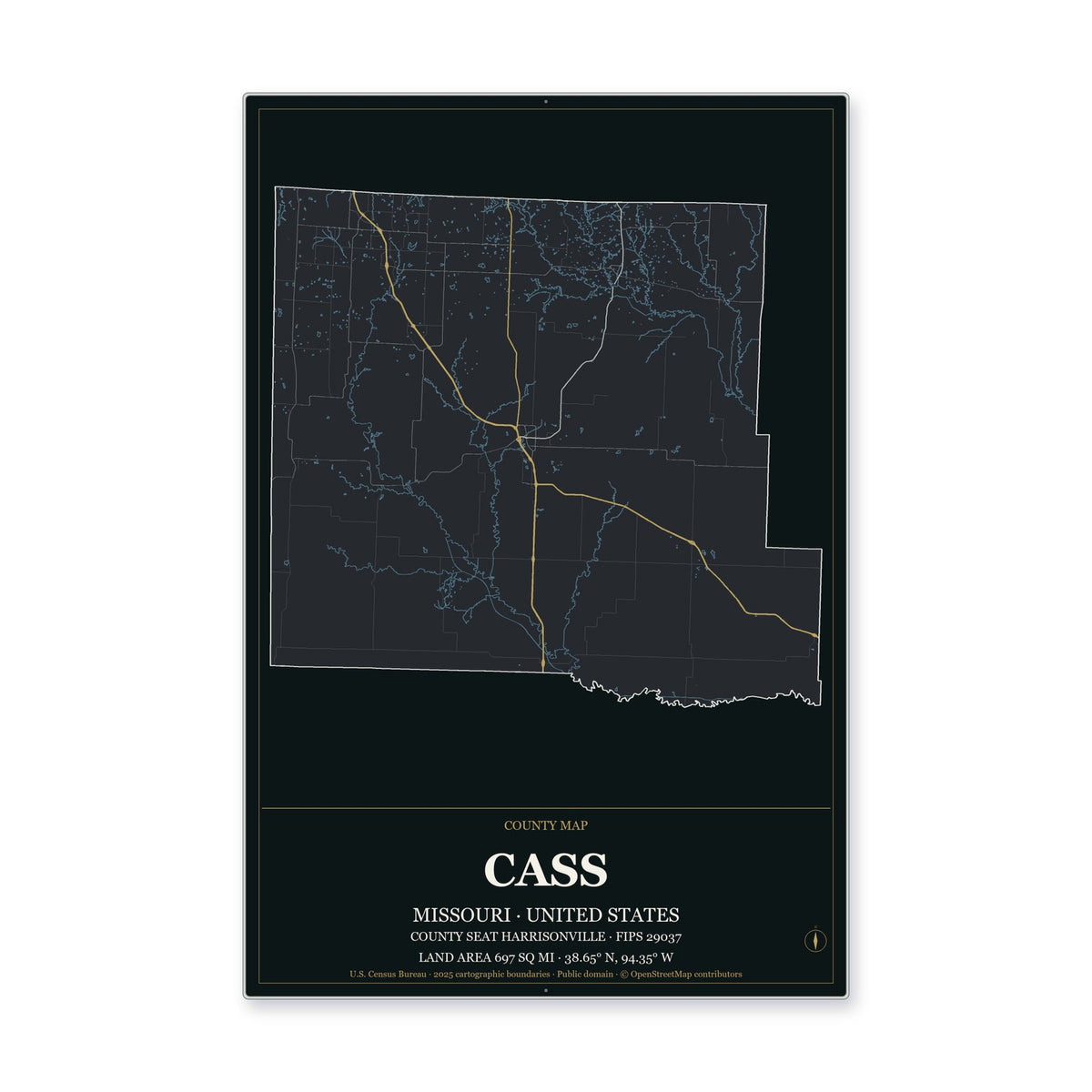 Cass County, Missouri Map Aluminum Sign in Metropolitan Noir style