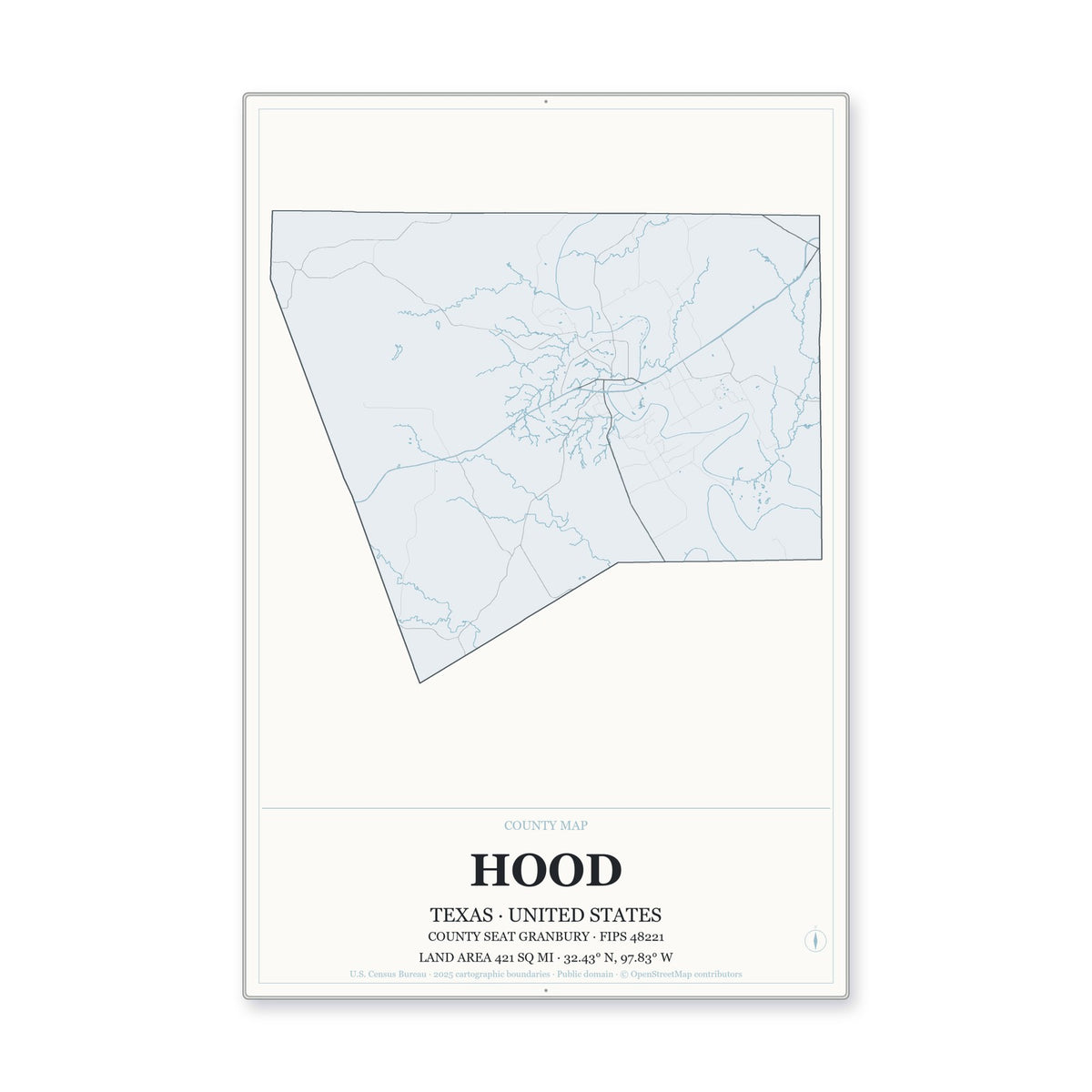 Hood County, Texas Map Aluminum Sign in Gallery Air style