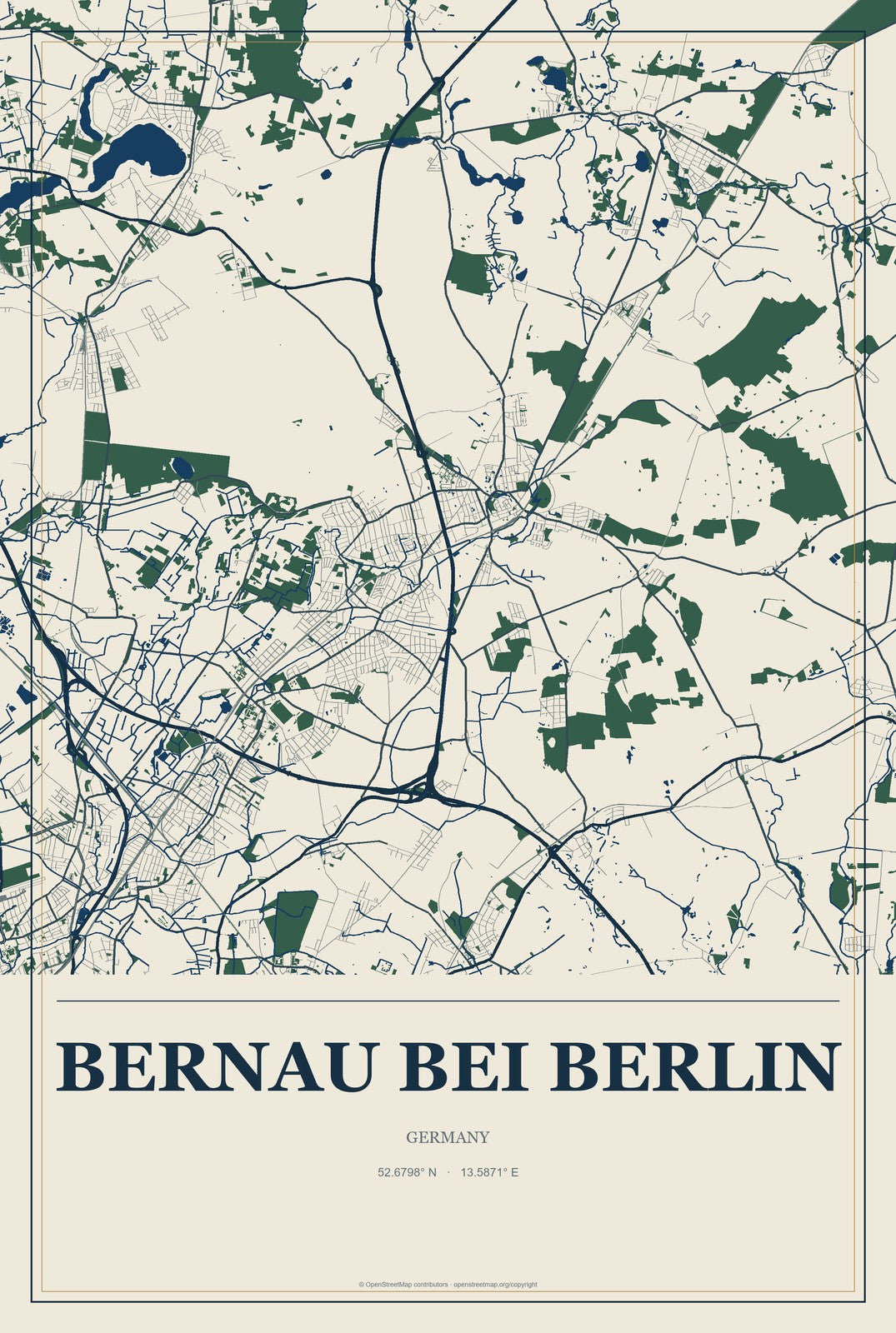 Bernau bei Berlin, Germany City Map Aluminum Sign in Coastal Cutout style
