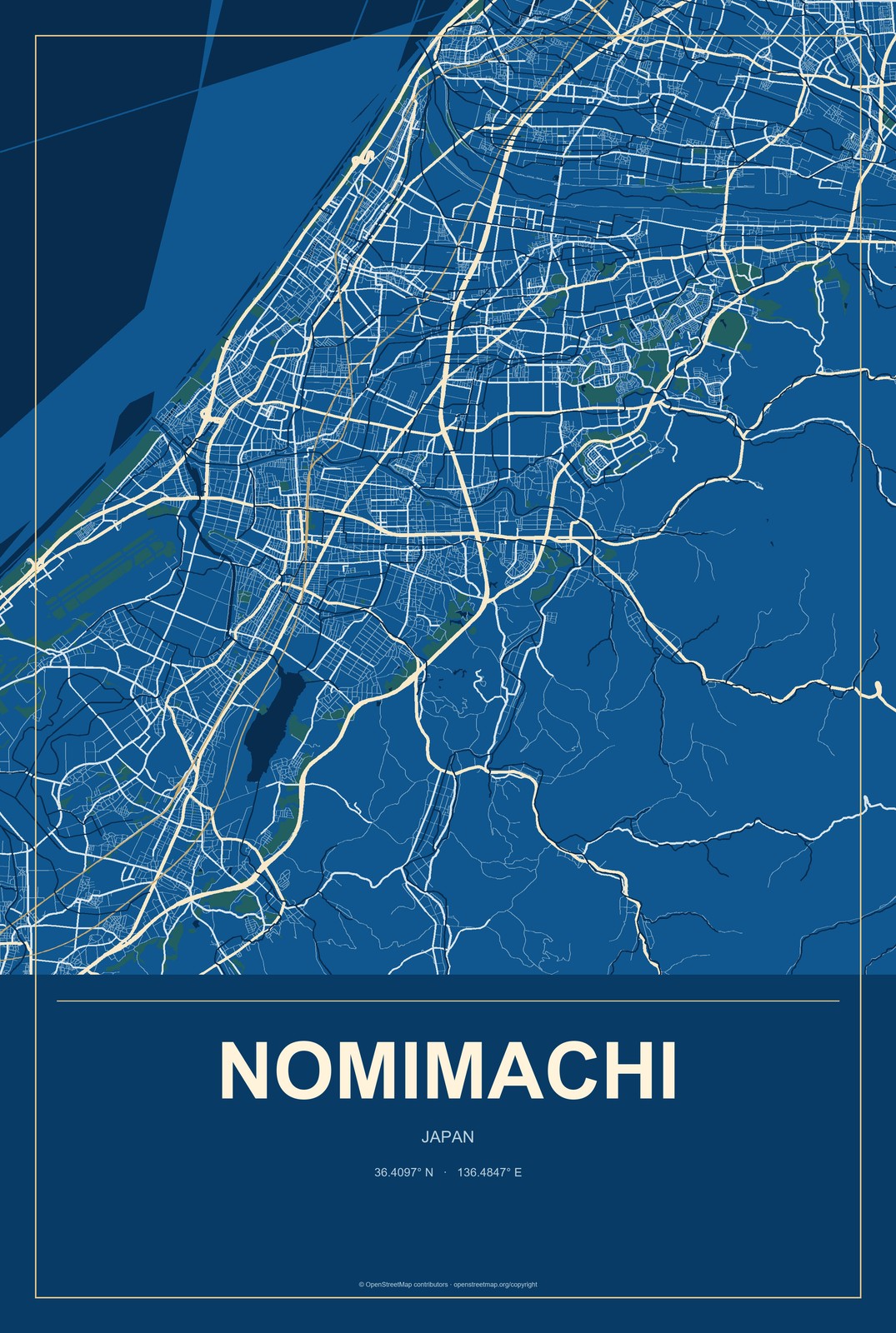 Nomimachi, Japan City Map Aluminum Sign in Harbor Cobalt style