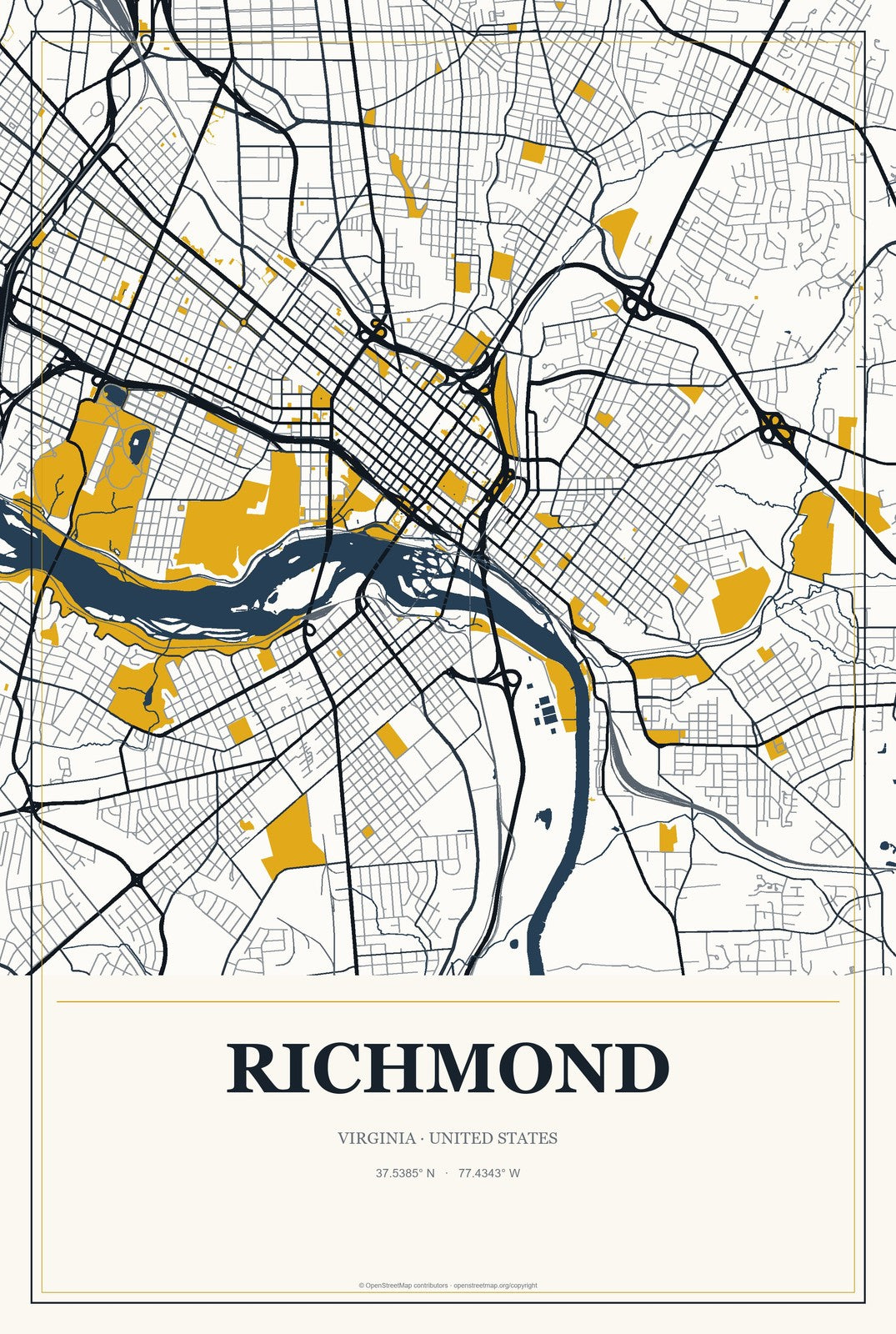 Richmond, Virginia City Map Aluminum Sign in Citrine Modern style