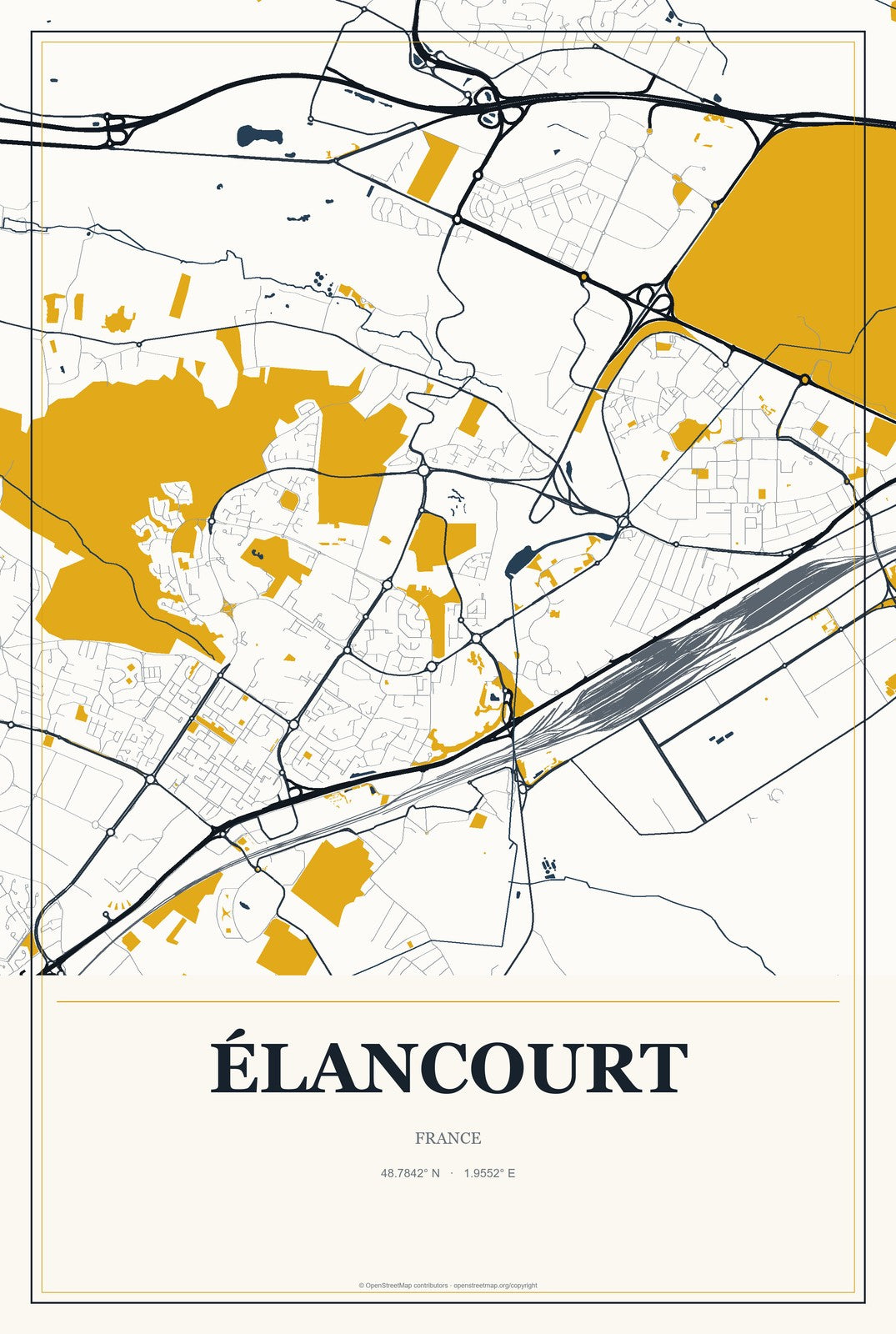 Élancourt, France City Map Aluminum Sign in Citrine Modern style