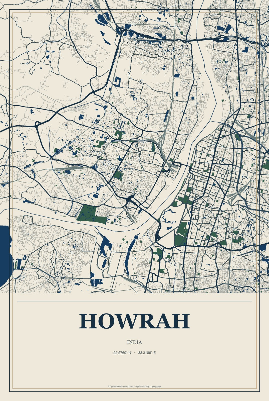 Howrah, India City Map Aluminum Sign in Coastal Cutout style