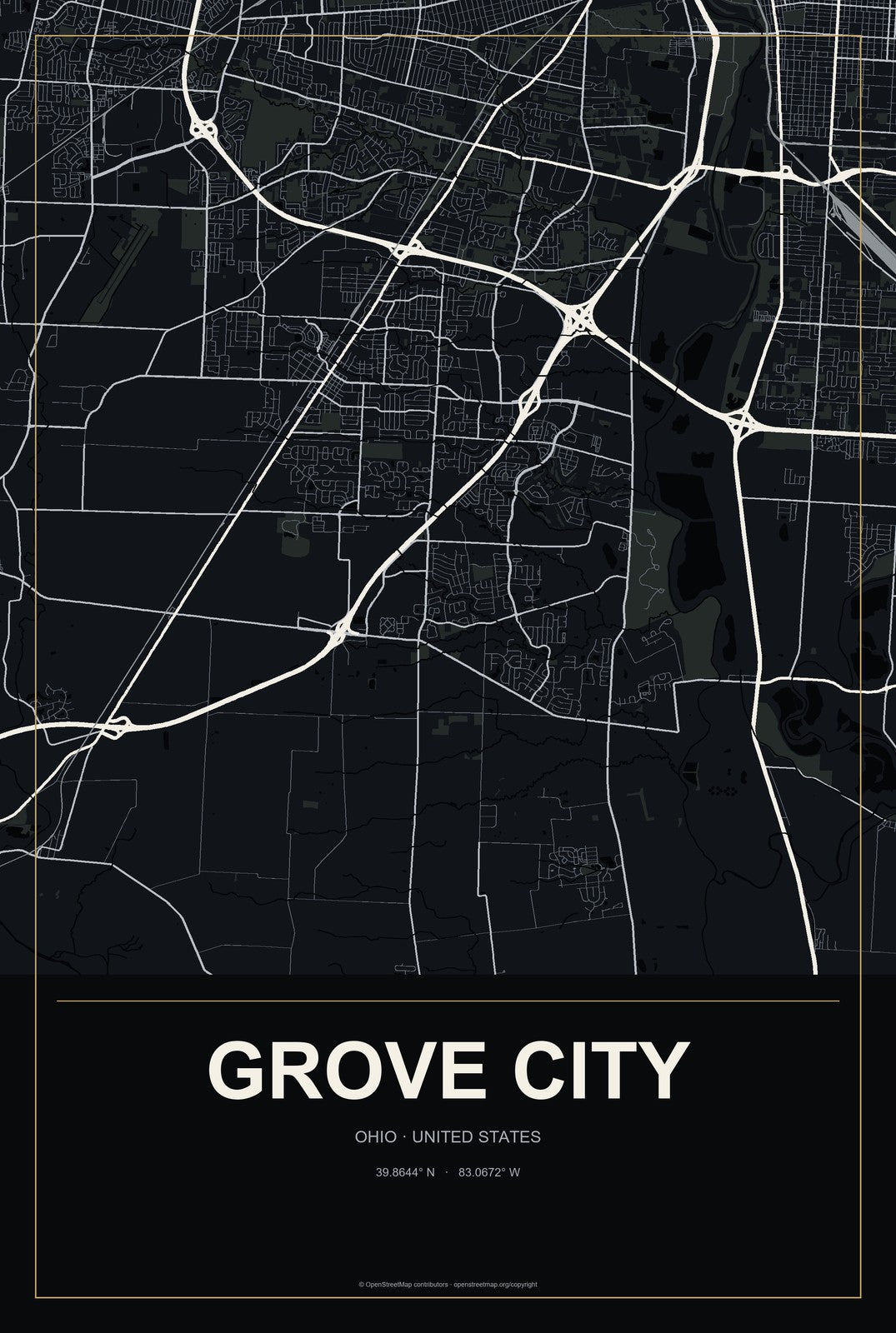Grove City, Ohio City Map Aluminum Sign in Metropolitan Noir style