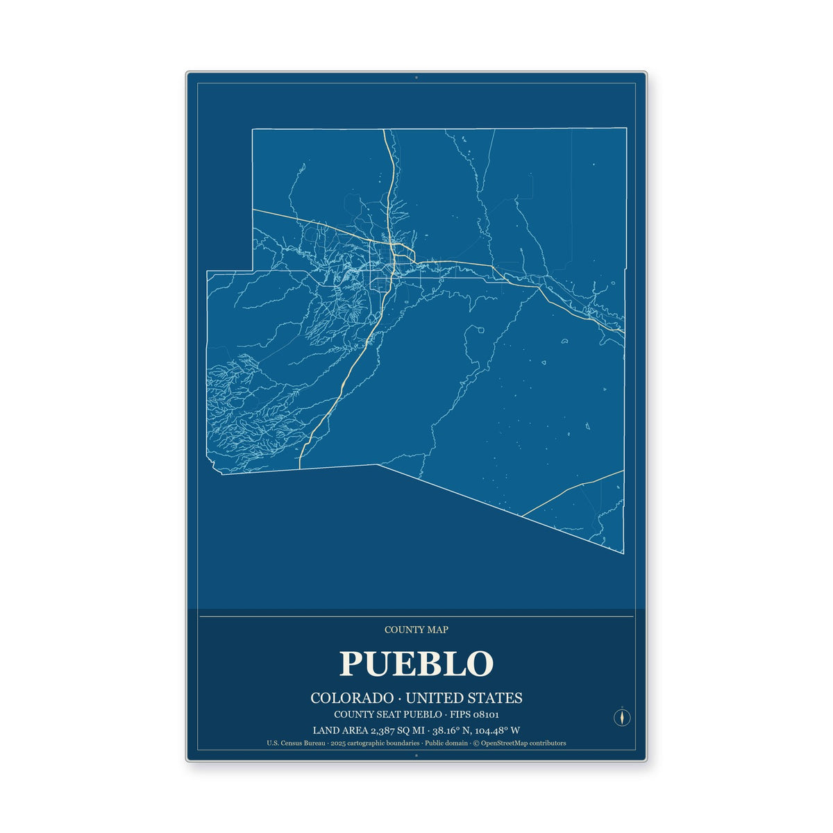 Pueblo County, Colorado Map Aluminum Sign in Harbor Cobalt style