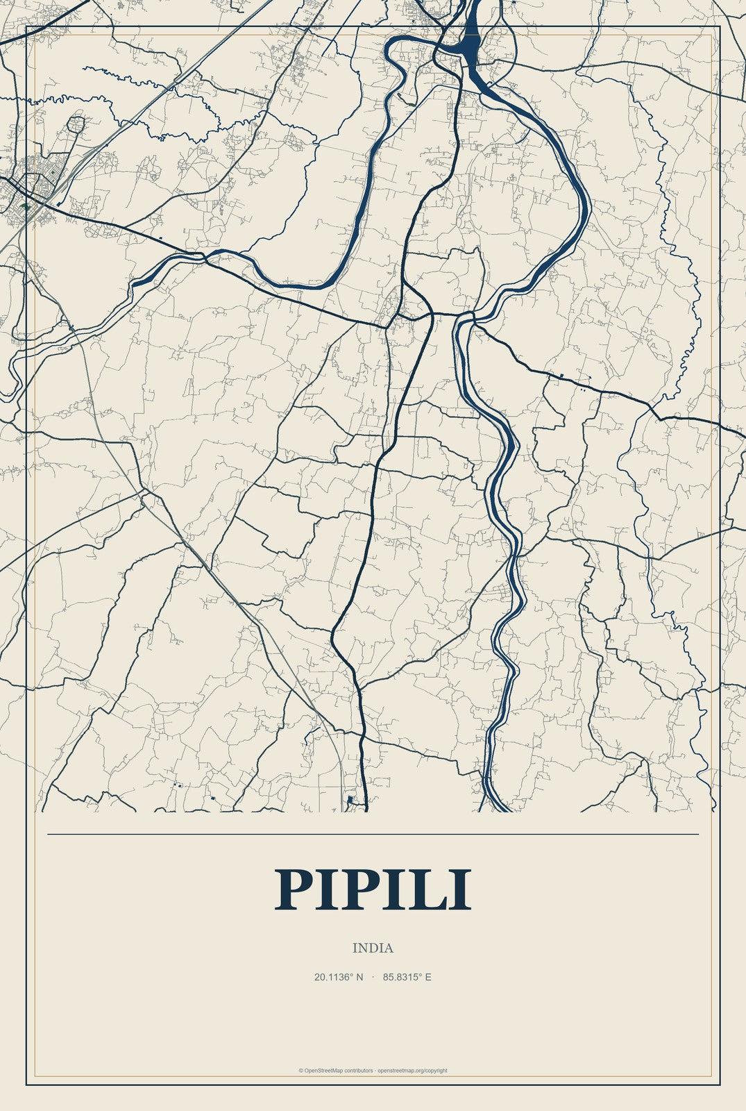 Pipili, India City Map Aluminum Sign in Coastal Cutout style