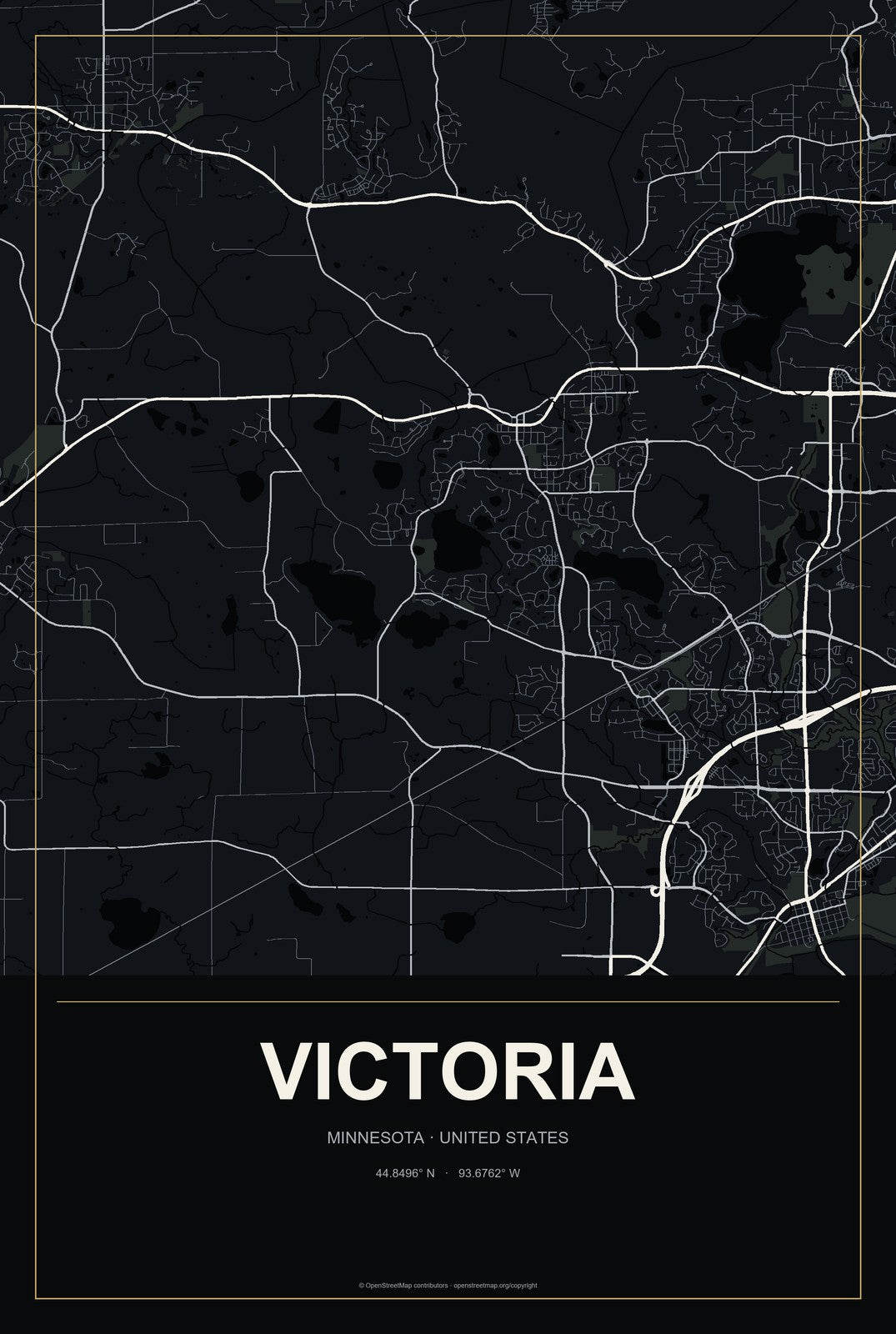 Victoria, Minnesota City Map Aluminum Sign in Metropolitan Noir style