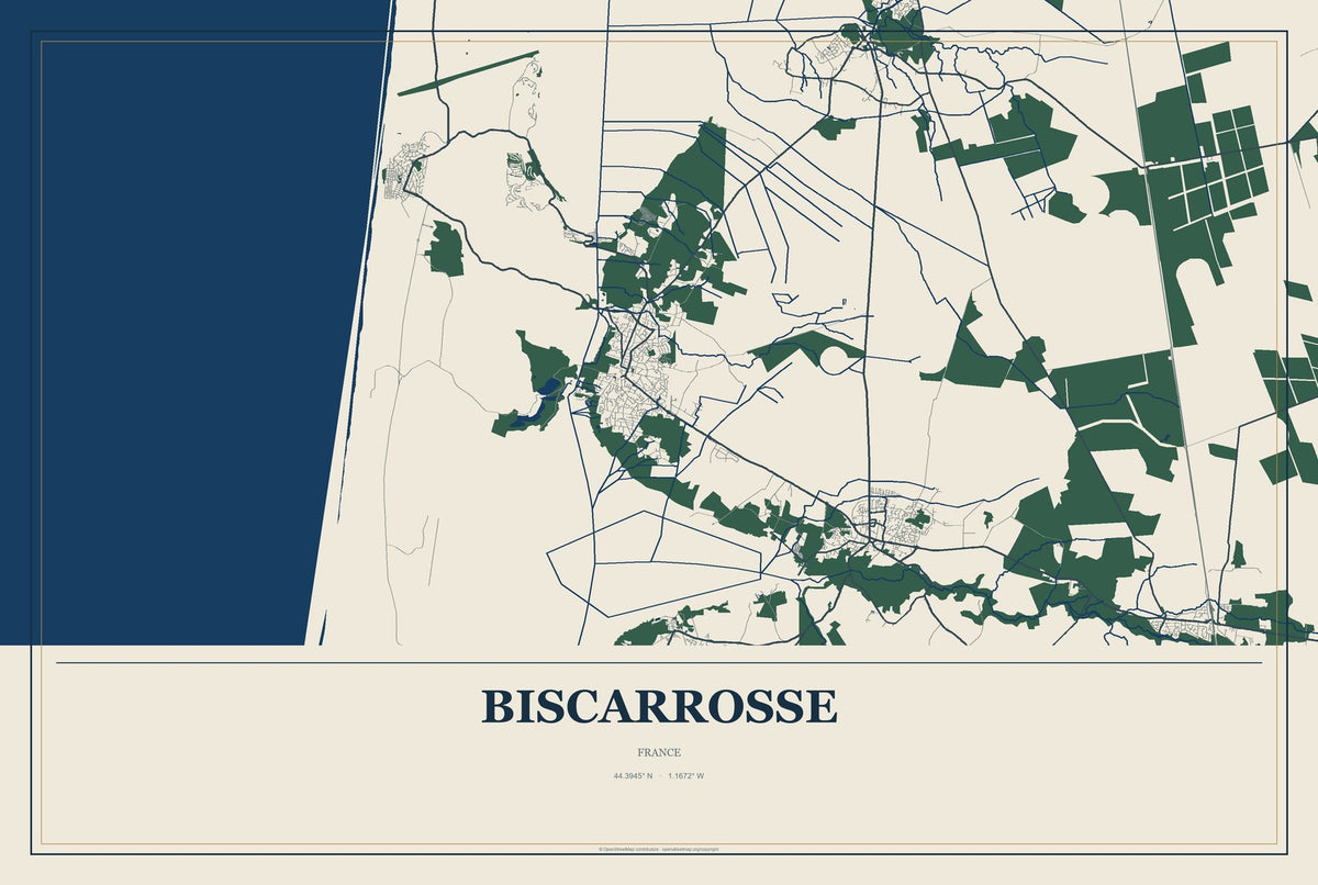 Biscarrosse, France City Map Aluminum Sign in Coastal Cutout style