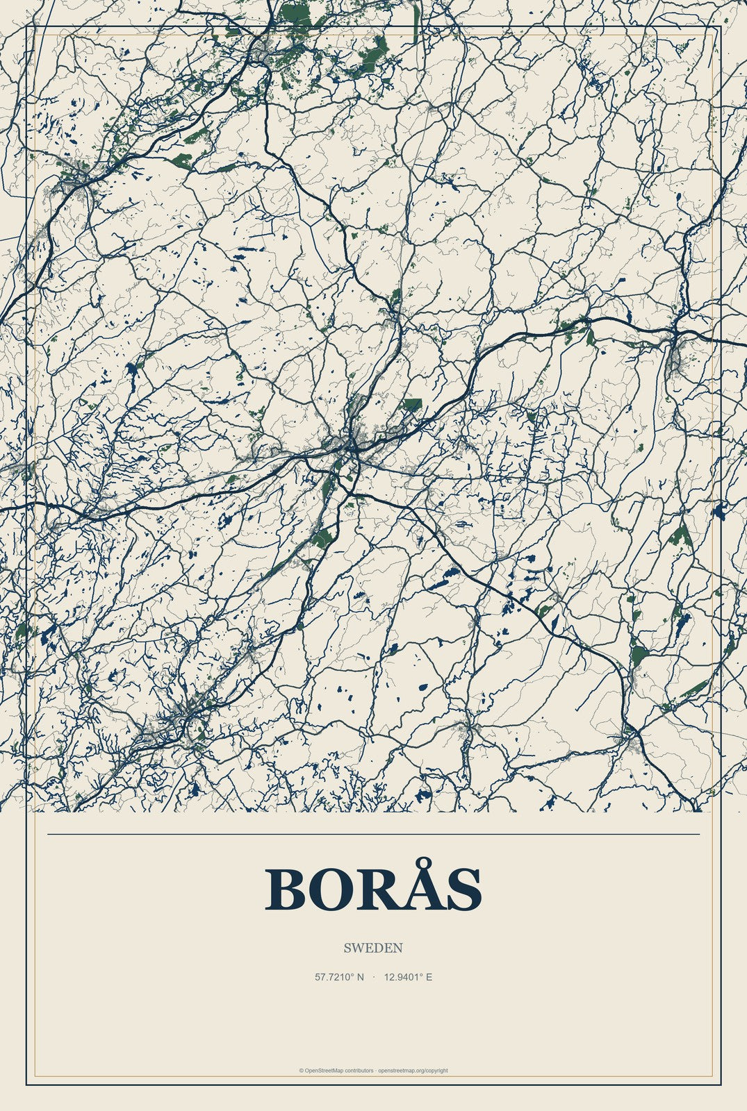Borås, Sweden City Map Aluminum Sign in Coastal Cutout style