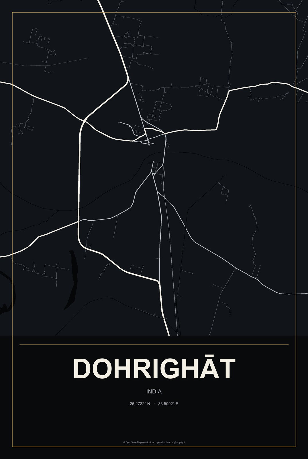 Dohrighāt, India City Map Aluminum Sign in Metropolitan Noir style