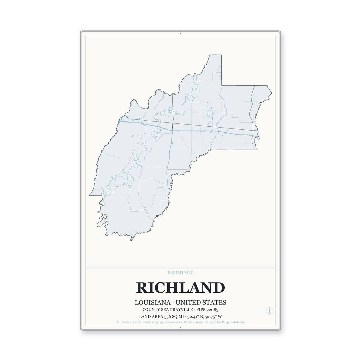 Richland Parish, Louisiana Map Aluminum Sign in Gallery Air style