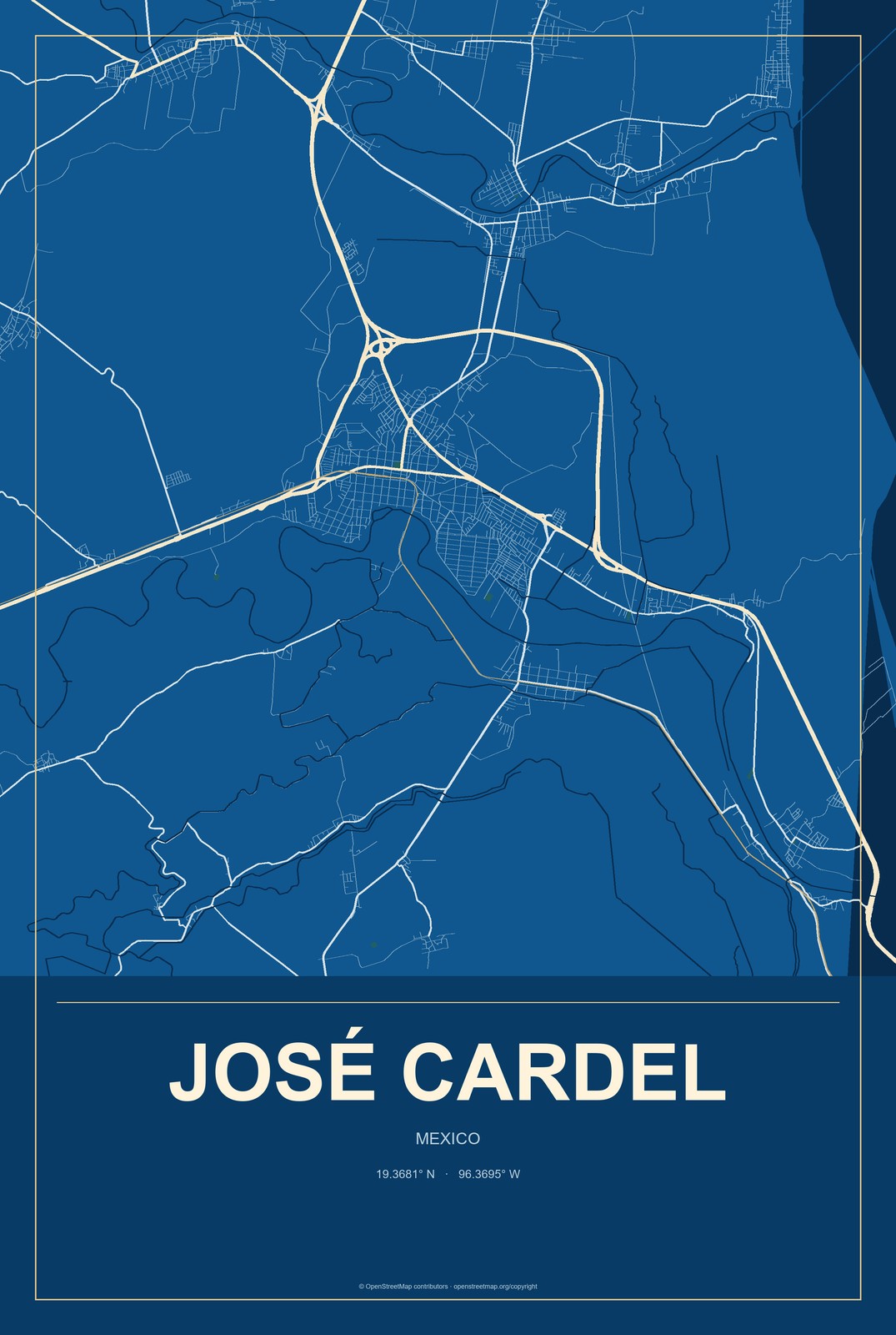 José Cardel, Mexico City Map Aluminum Sign in Harbor Cobalt style