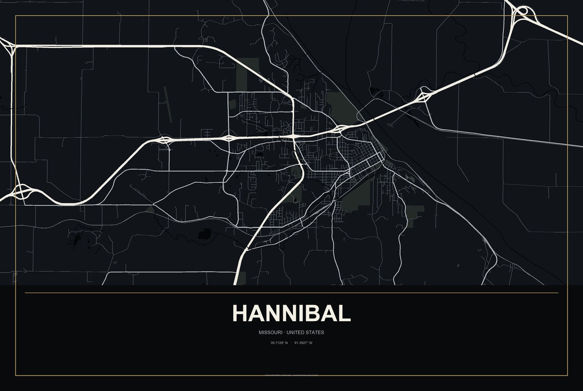 Hannibal, Missouri City Map Aluminum Sign in Metropolitan Noir style