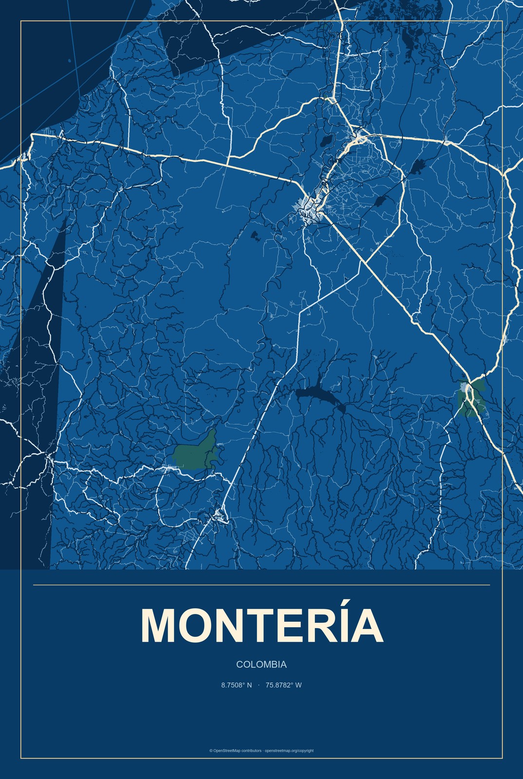 Montería, Colombia City Map Aluminum Sign in Harbor Cobalt style