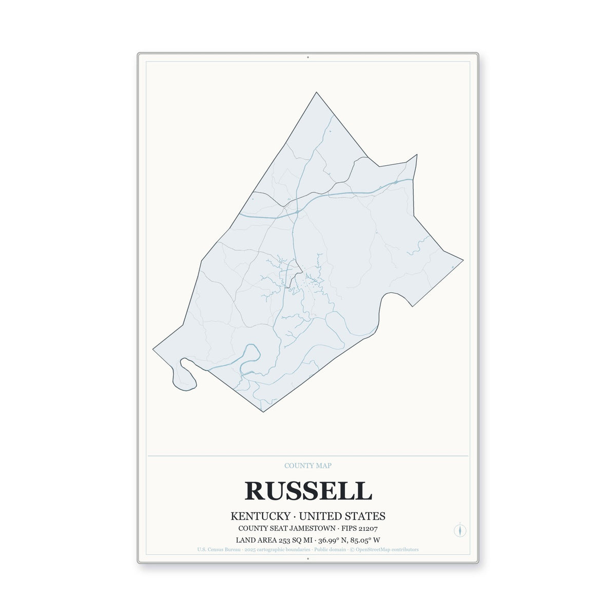 Russell County, Kentucky Map Aluminum Sign in Gallery Air style