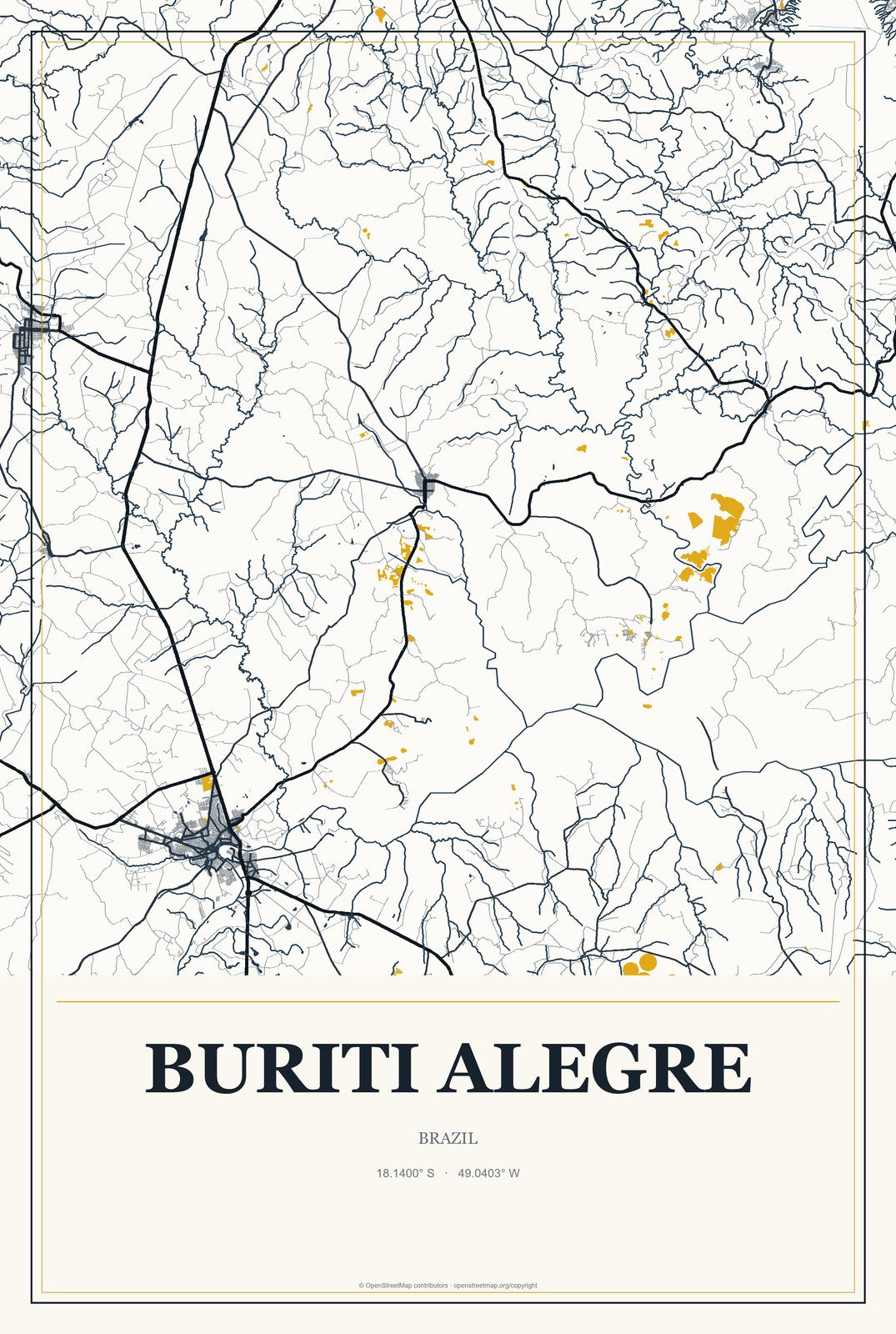 Buriti Alegre, Brazil City Map Aluminum Sign in Citrine Modern style