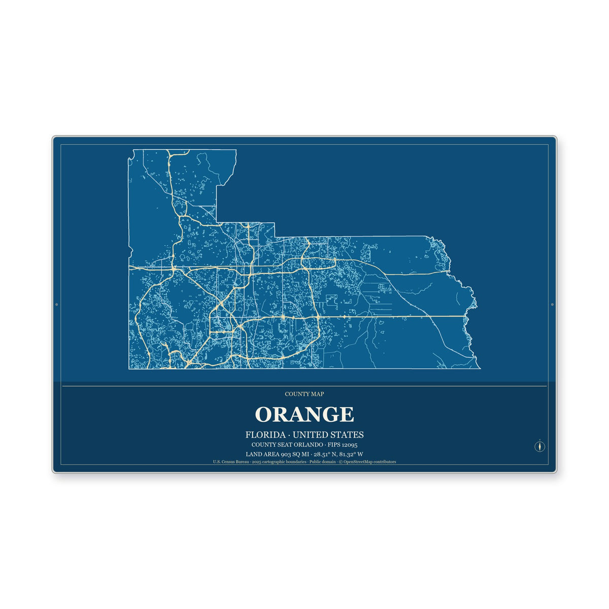 Orange County, Florida Map Aluminum Sign in Harbor Cobalt style