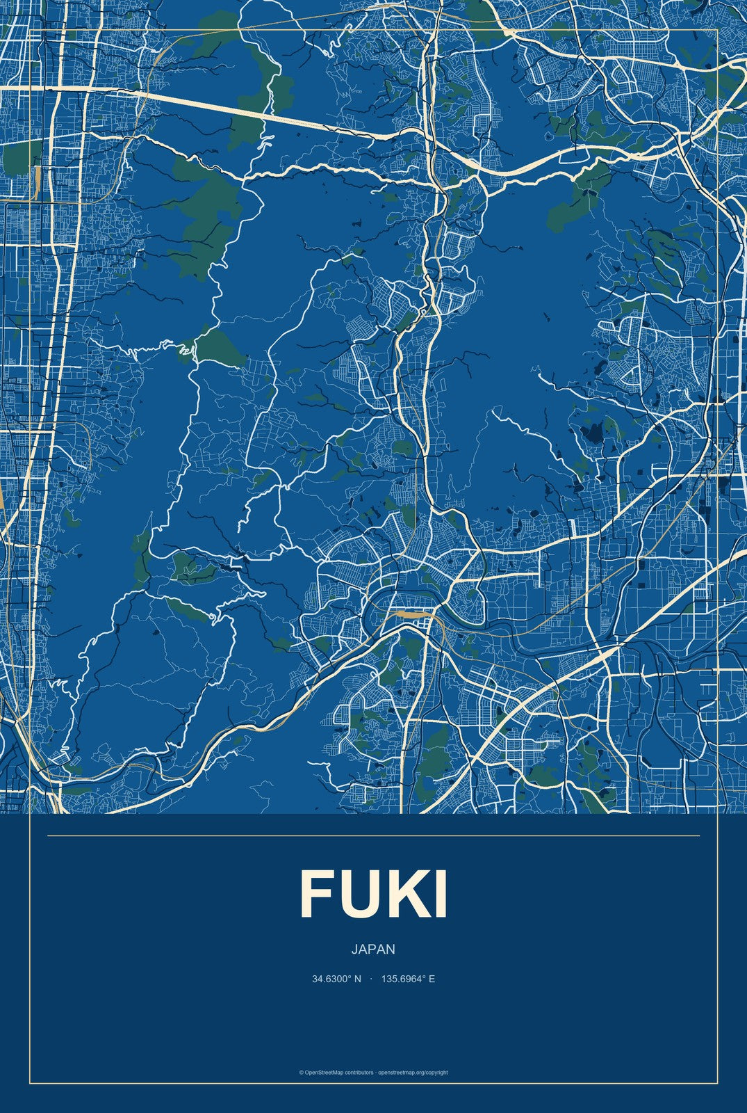 Fuki, Japan City Map Aluminum Sign in Harbor Cobalt style
