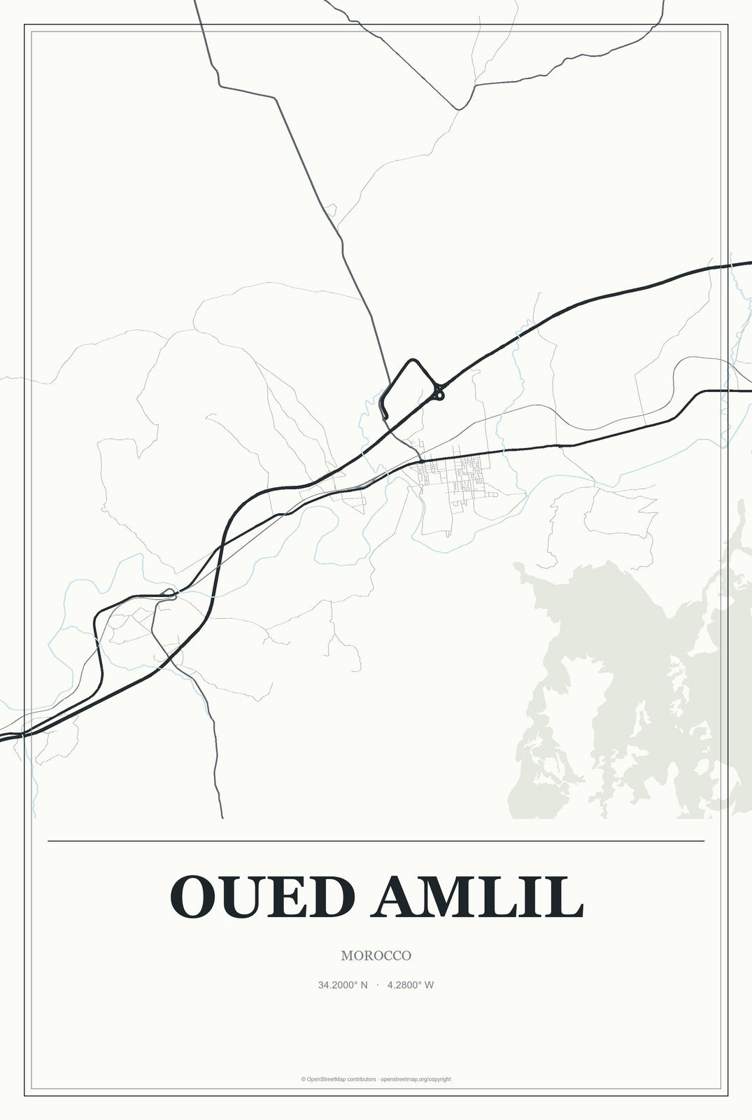 Oued Amlil, Morocco City Map Aluminum Sign in Gallery Air style