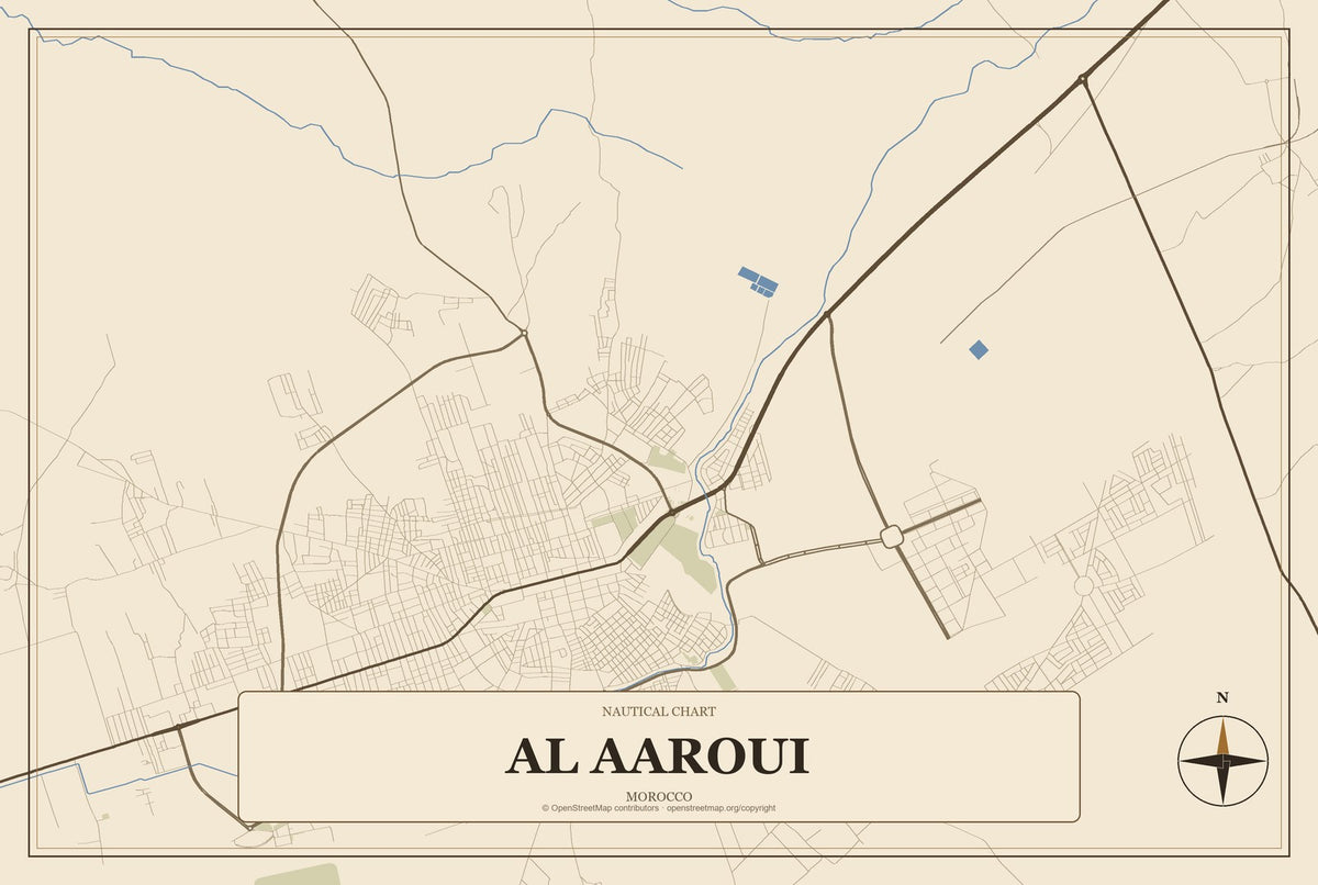 Al Aaroui, Morocco City Map Aluminum Sign in Heritage Nautical style
