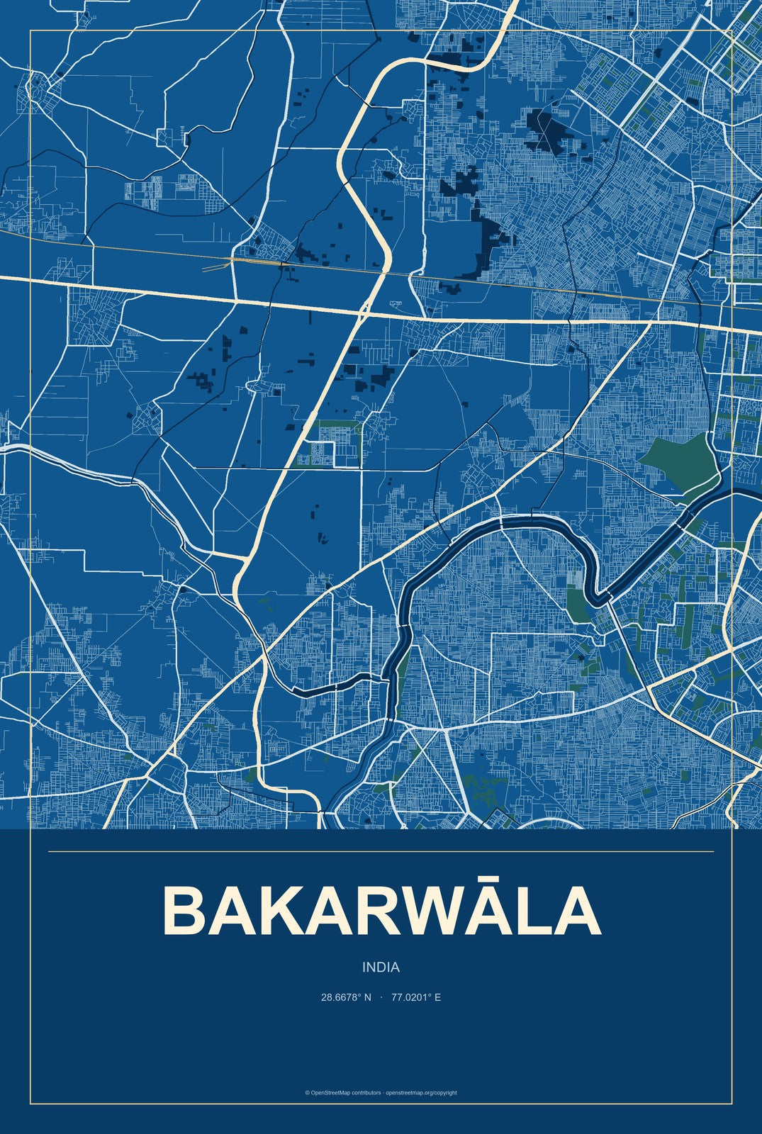 Bakarwāla, India City Map Aluminum Sign in Harbor Cobalt style