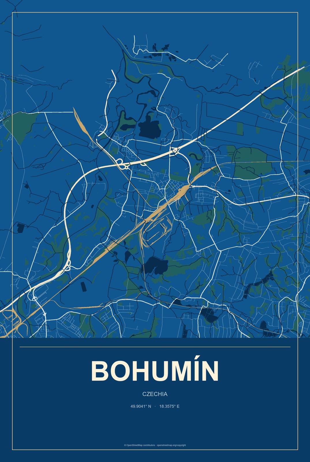 Bohumín, Czechia City Map Aluminum Sign in Harbor Cobalt style