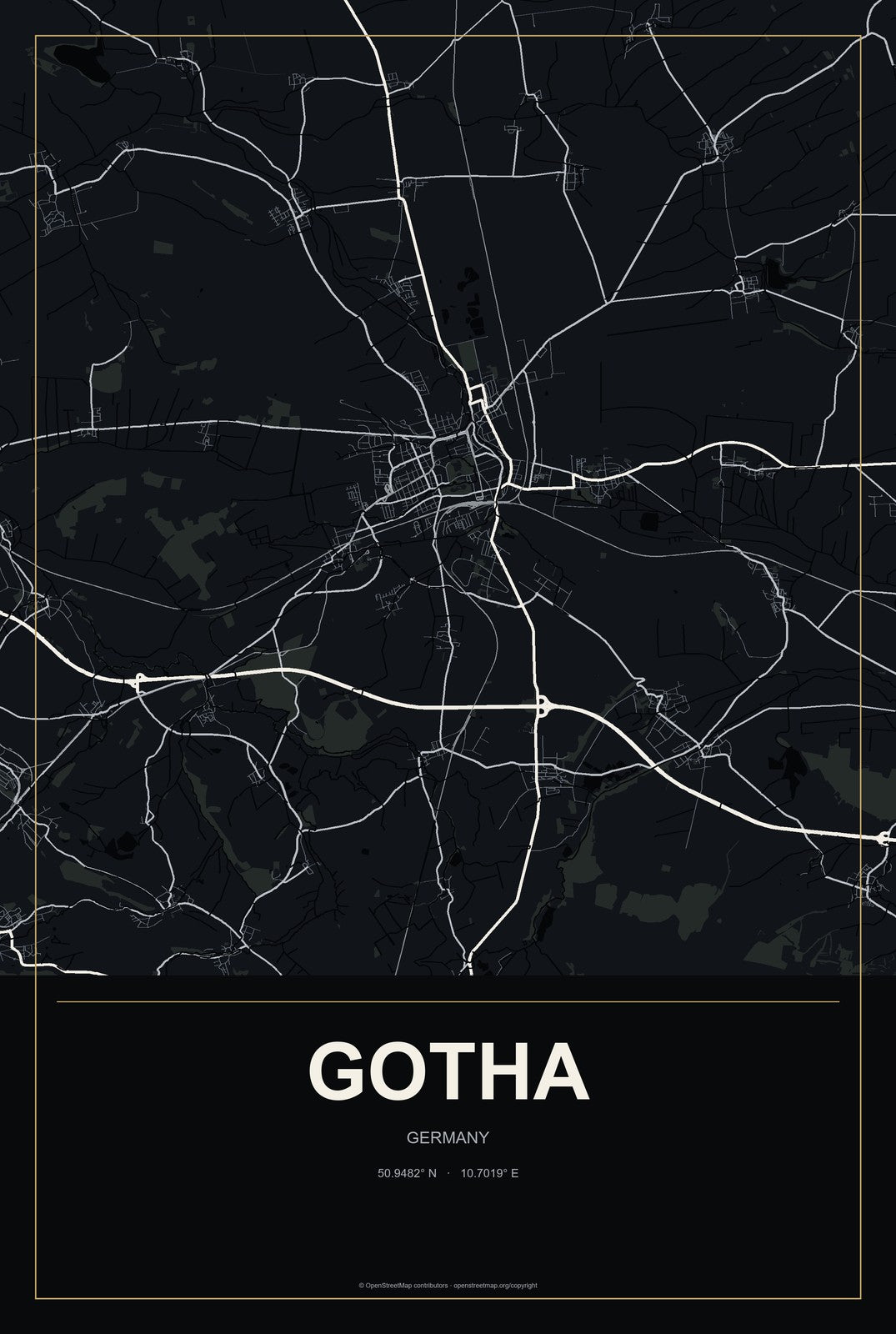Gotha, Germany City Map Aluminum Sign in Metropolitan Noir style
