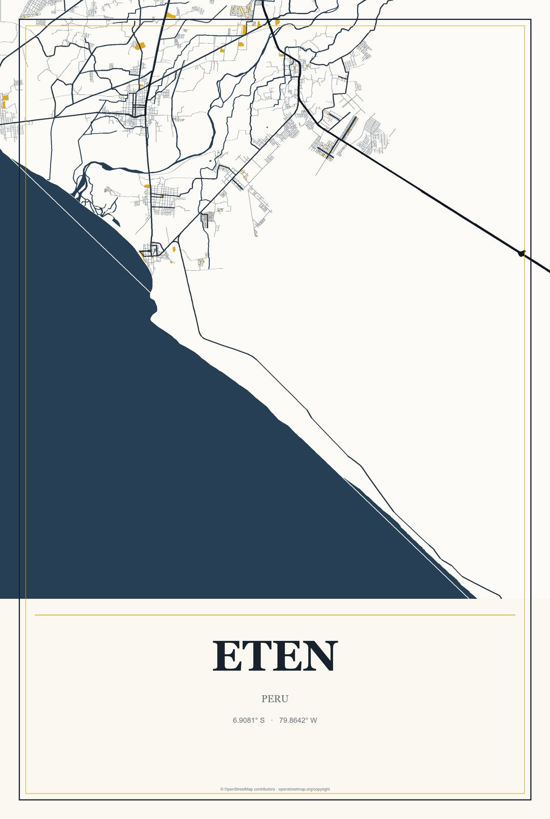 Eten, Peru City Map Aluminum Sign in Citrine Modern style