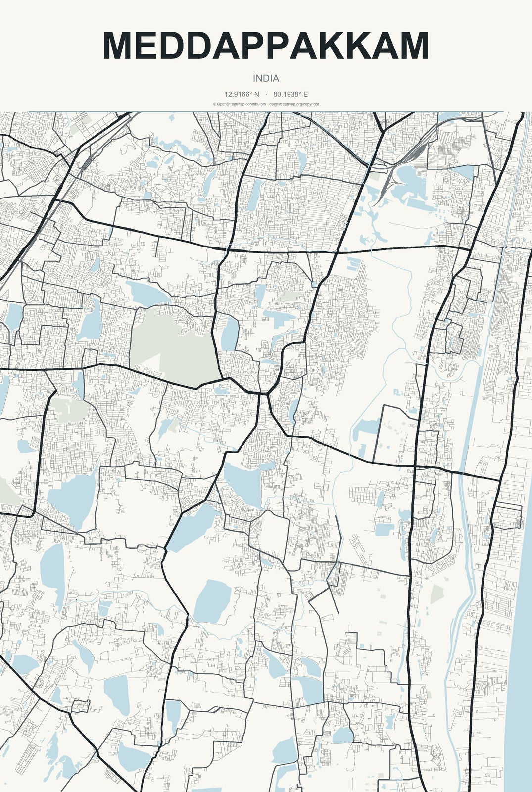 Meddappakkam, India City Map Aluminum Sign in Headline Atlas style