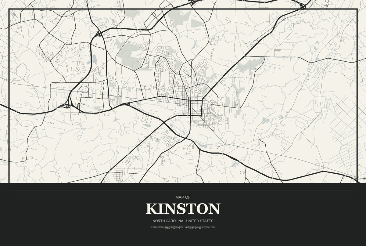 Kinston, North Carolina City Map Aluminum Sign in Museum Plaque style