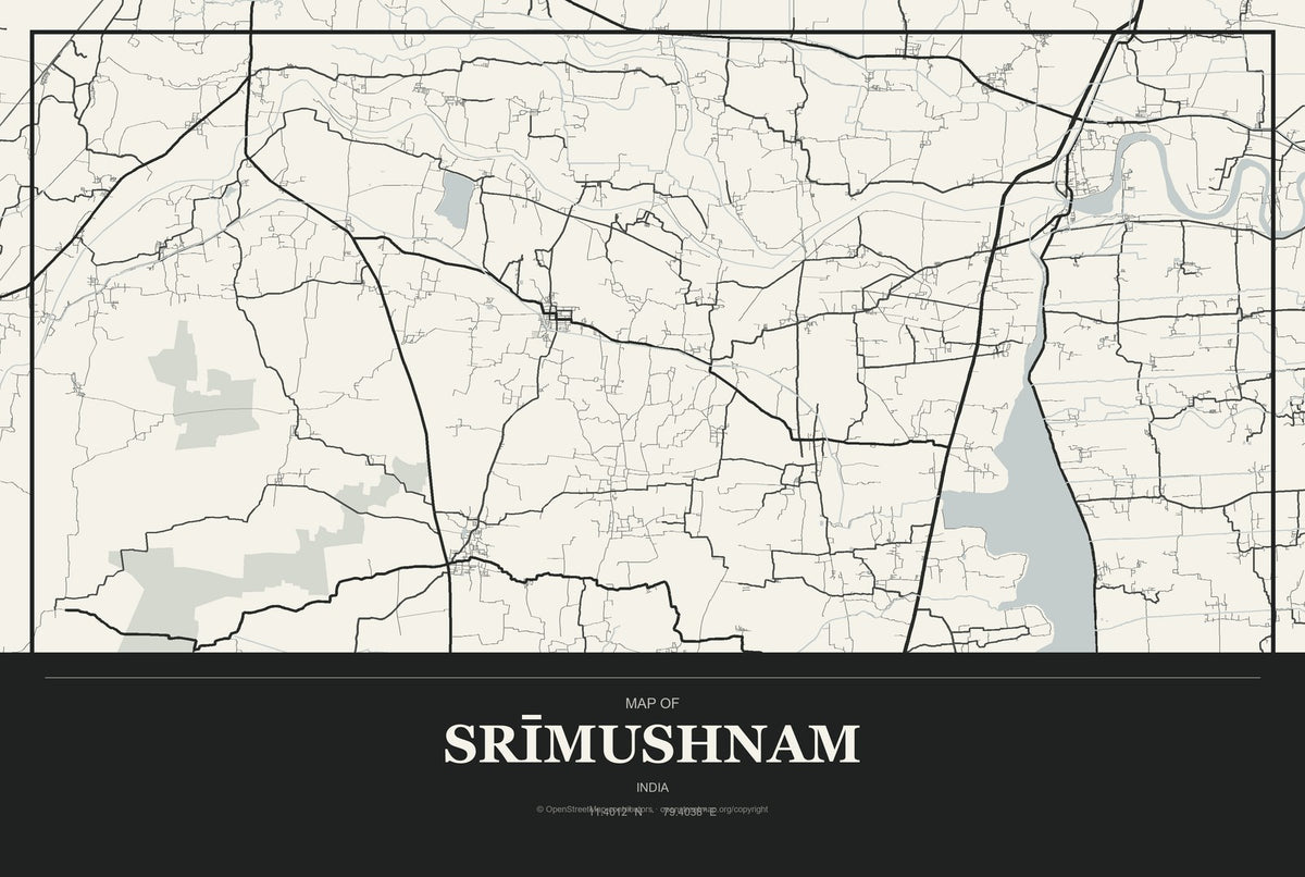Srīmushnam, India City Map Aluminum Sign in Museum Plaque style