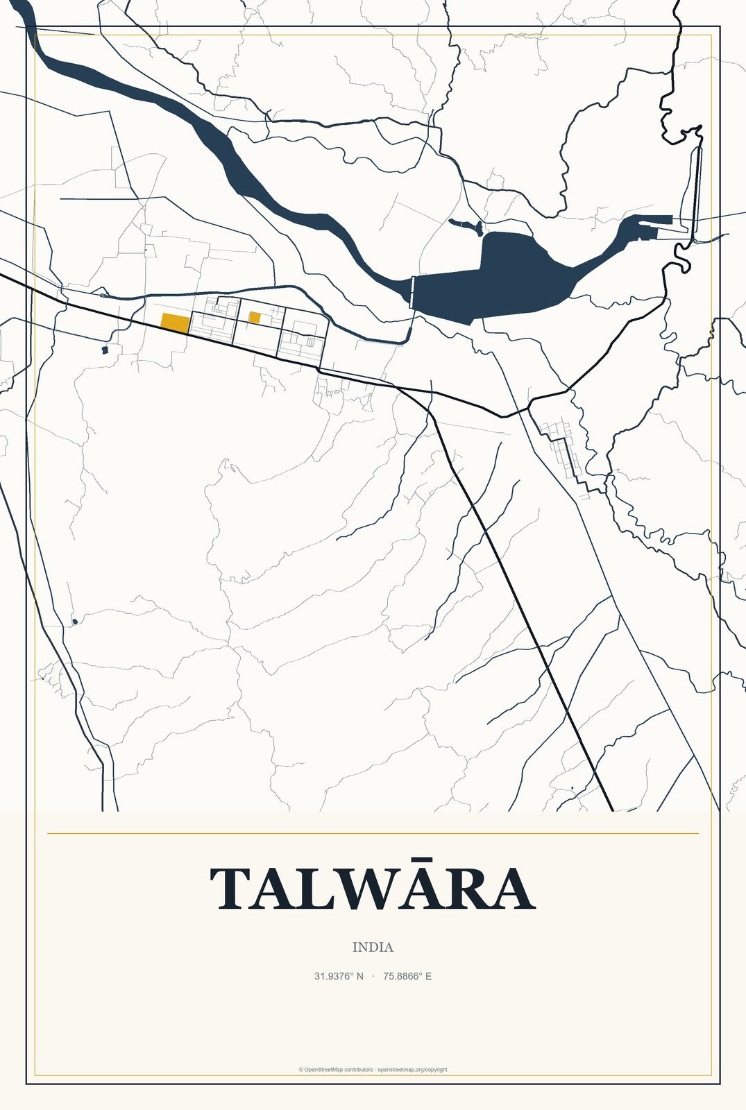 Talwāra, India City Map Aluminum Sign in Citrine Modern style