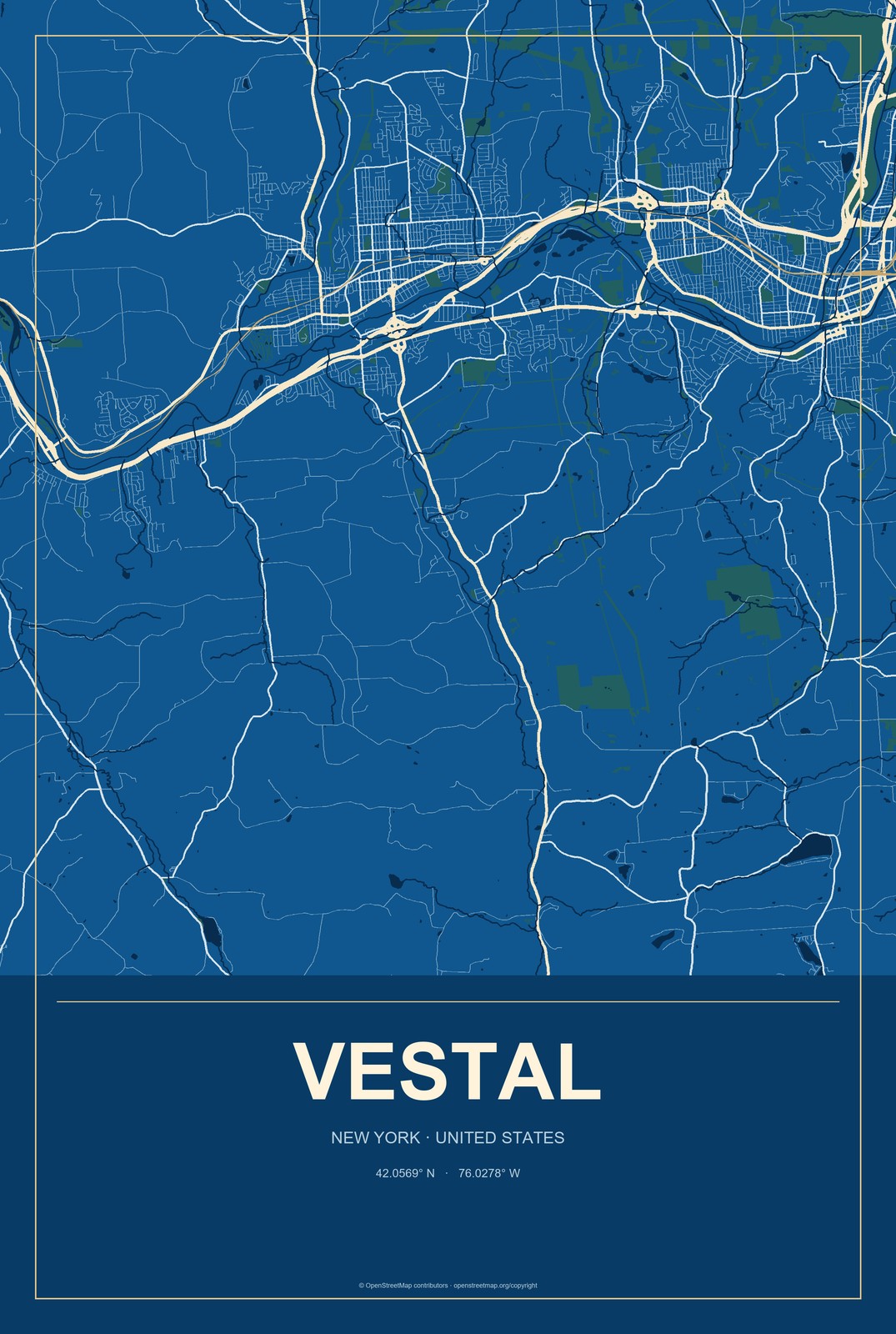 Vestal, New York City Map Aluminum Sign in Harbor Cobalt style